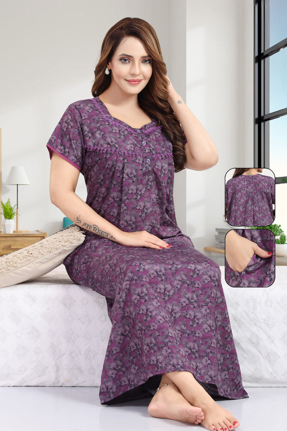 Women's Bizzy Lizzy Poly Viscose Printed Nighty | Round Neck Short Sleeve Full Length Night Gown for Women | Relax Fit Premium Sleepwear - 1822