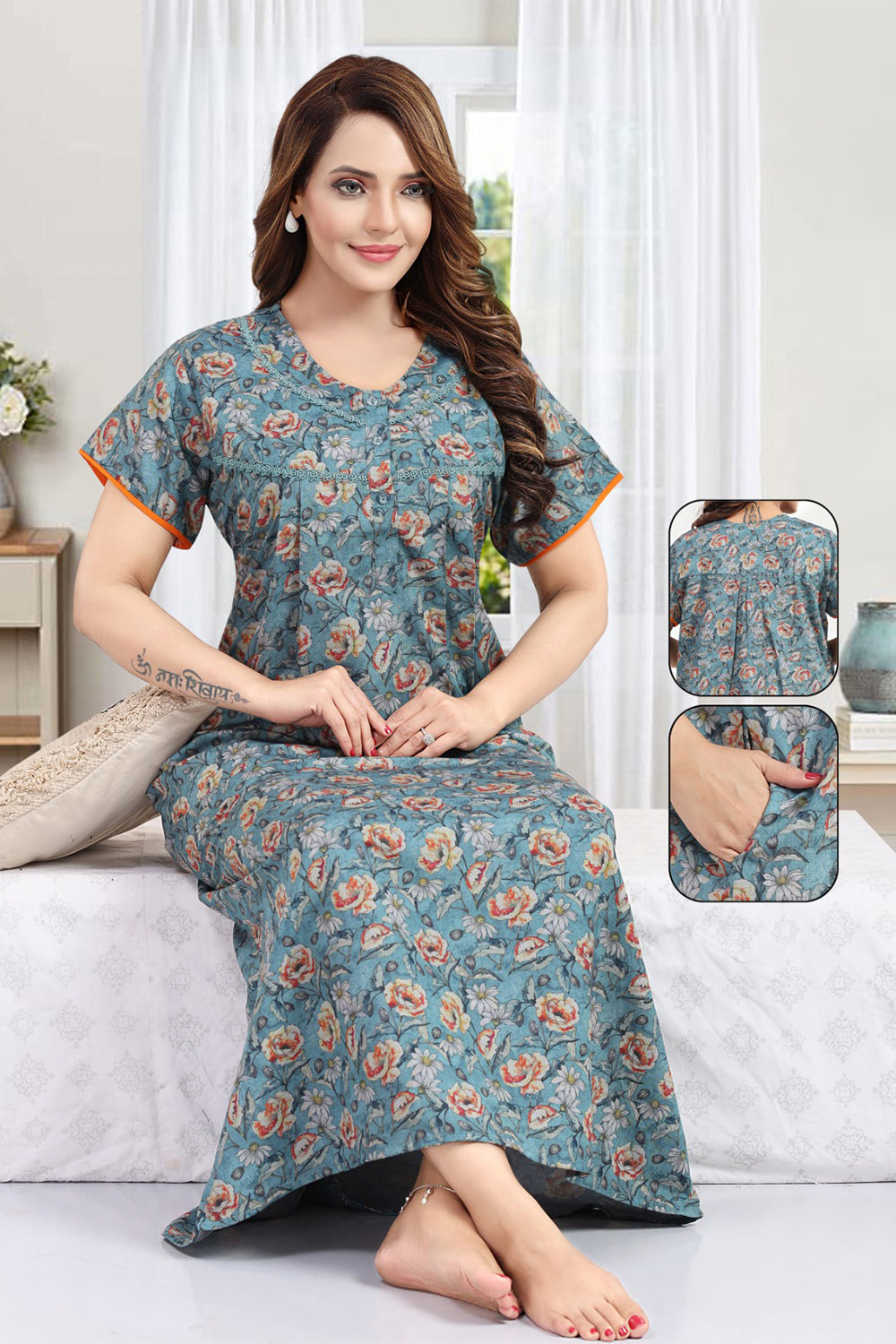 Women's Bizzy Lizzy Poly Viscose Printed Nighty | Round Neck Short Sleeve Full Length Night Gown for Women | Relax Fit Premium Sleepwear - 1823
