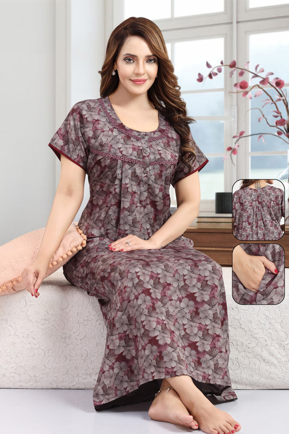 Women's Bizzy Lizzy Poly Viscose Printed Nighty | Round Neck Short Sleeve Full Length Night Gown for Women | Relax Fit Premium Sleepwear - 1824