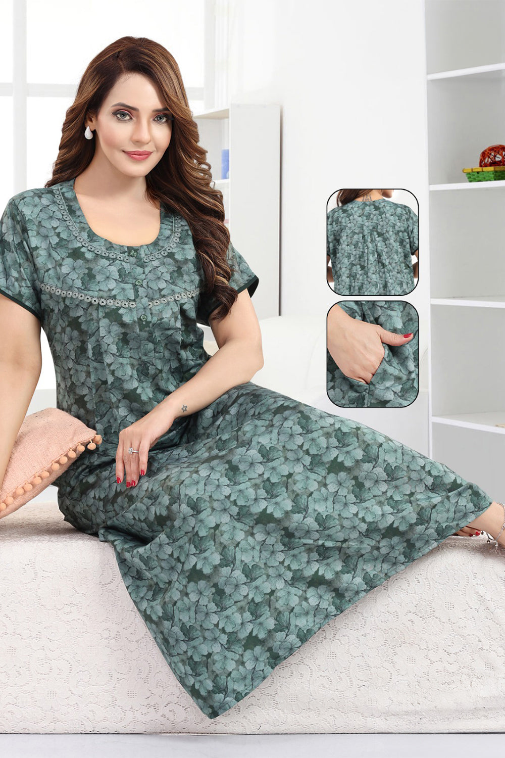 Women's Bizzy Lizzy Poly Viscose Printed Nighty | Round Neck Short Sleeve Full Length Night Gown for Women | Relax Fit Premium Sleepwear - 1824