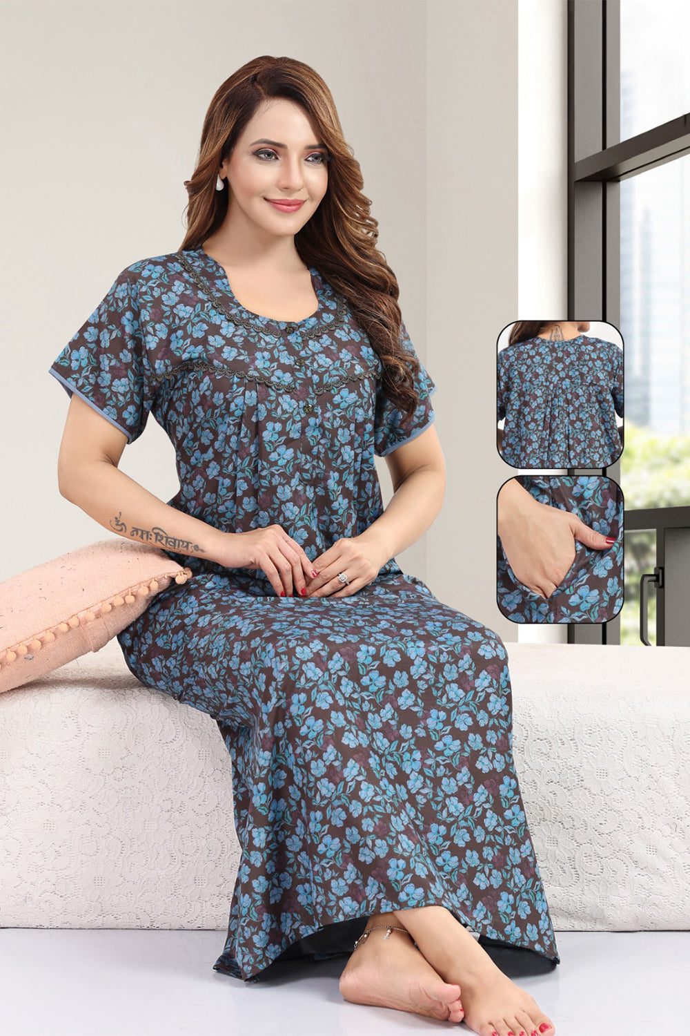 Women's Bizzy Lizzy Poly Viscose Printed Nighty | Round Neck Short Sleeve Full Length Night Gown for Women | Relax Fit Premium Sleepwear - 1825