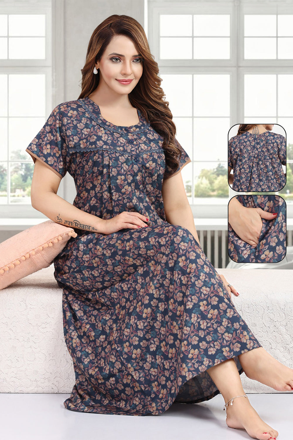 Women's Bizzy Lizzy Poly Viscose Printed Nighty | Round Neck Short Sleeve Full Length Night Gown for Women | Relax Fit Premium Sleepwear - 1825