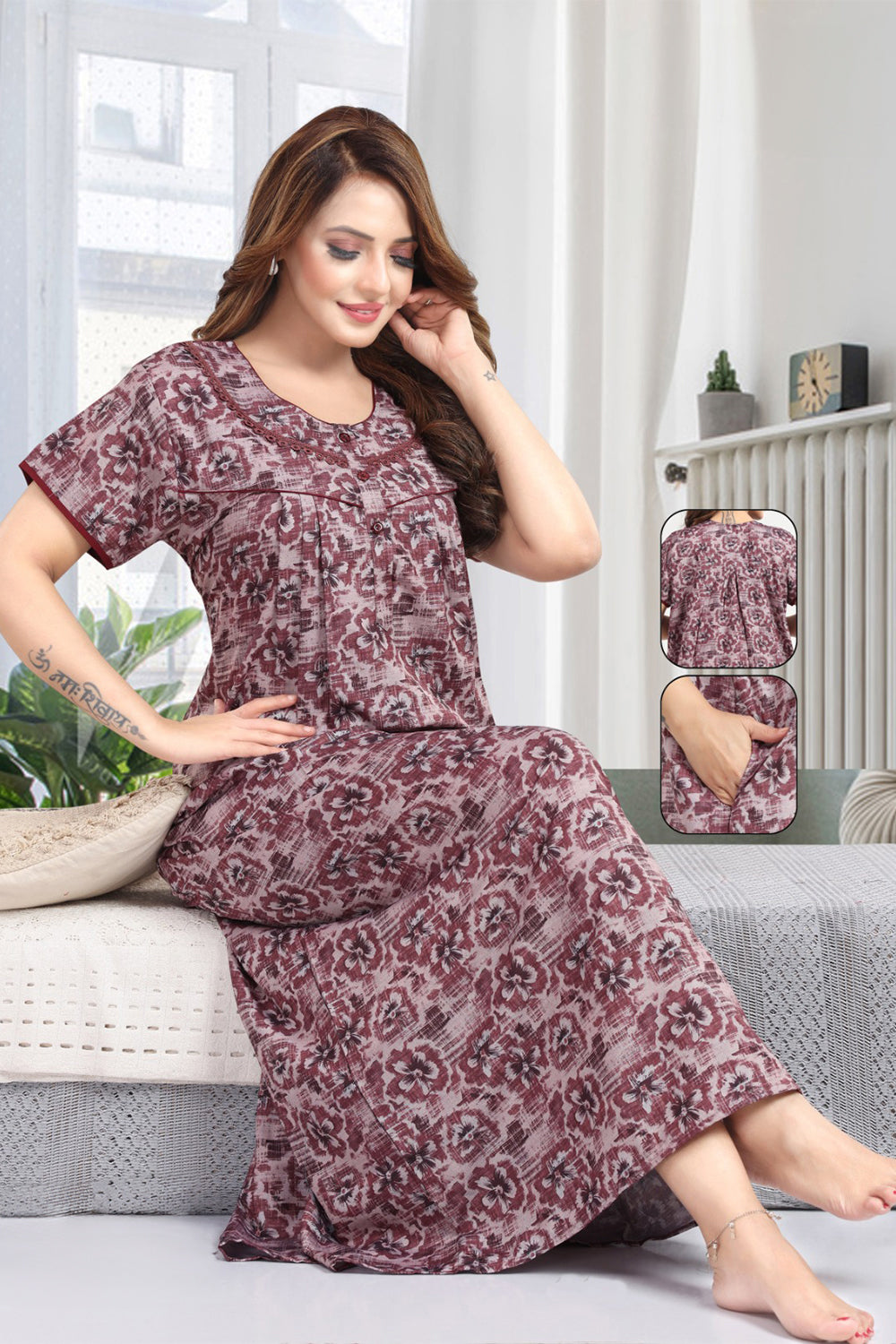 Women's Bizzy Lizzy Poly Viscose Printed Nighty | Round Neck Short Sleeve Full Length Night Gown for Women | Relax Fit Premium Sleepwear - 1827