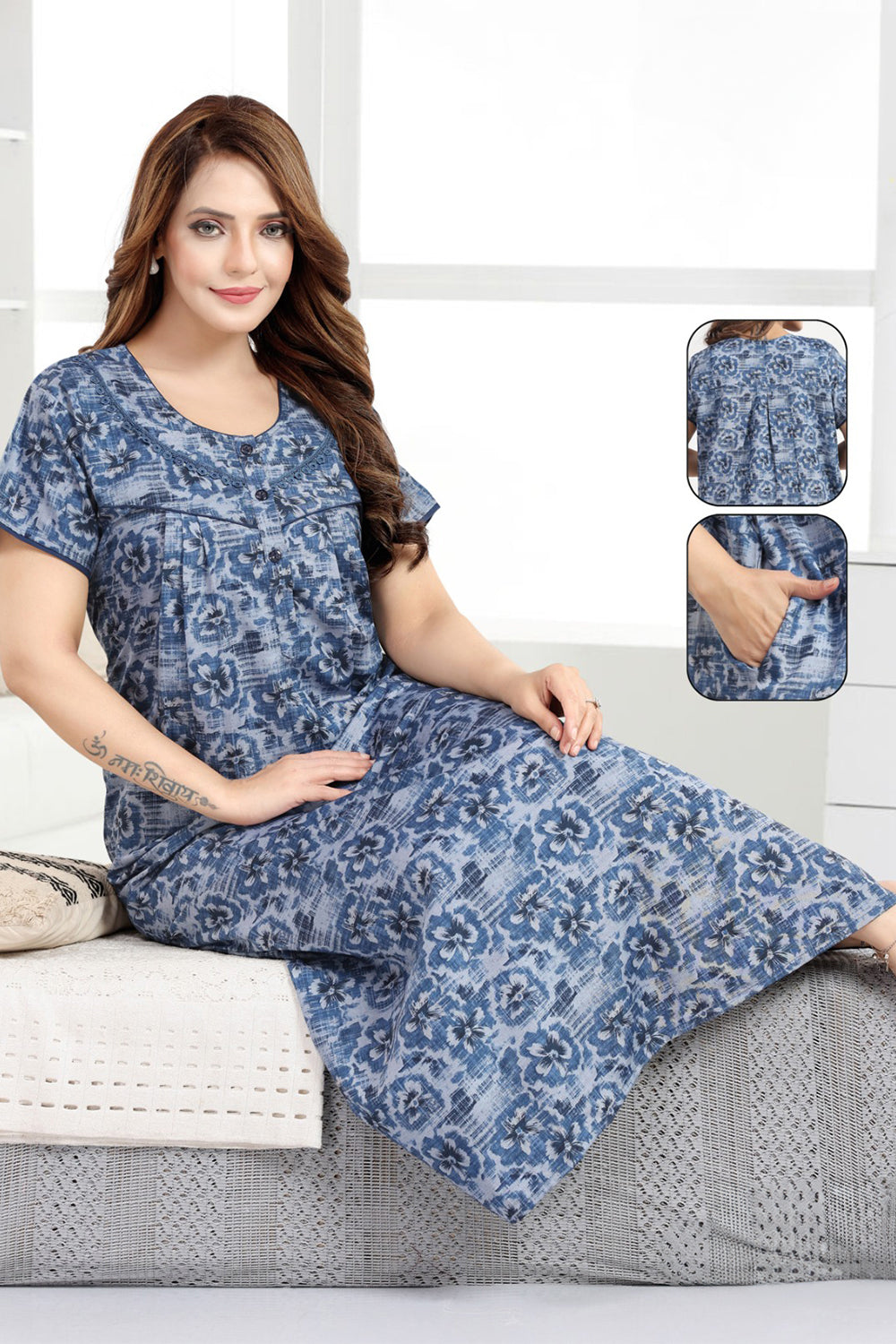 Women's Bizzy Lizzy Poly Viscose Printed Nighty | Round Neck Short Sleeve Full Length Night Gown for Women | Relax Fit Premium Sleepwear - 1827