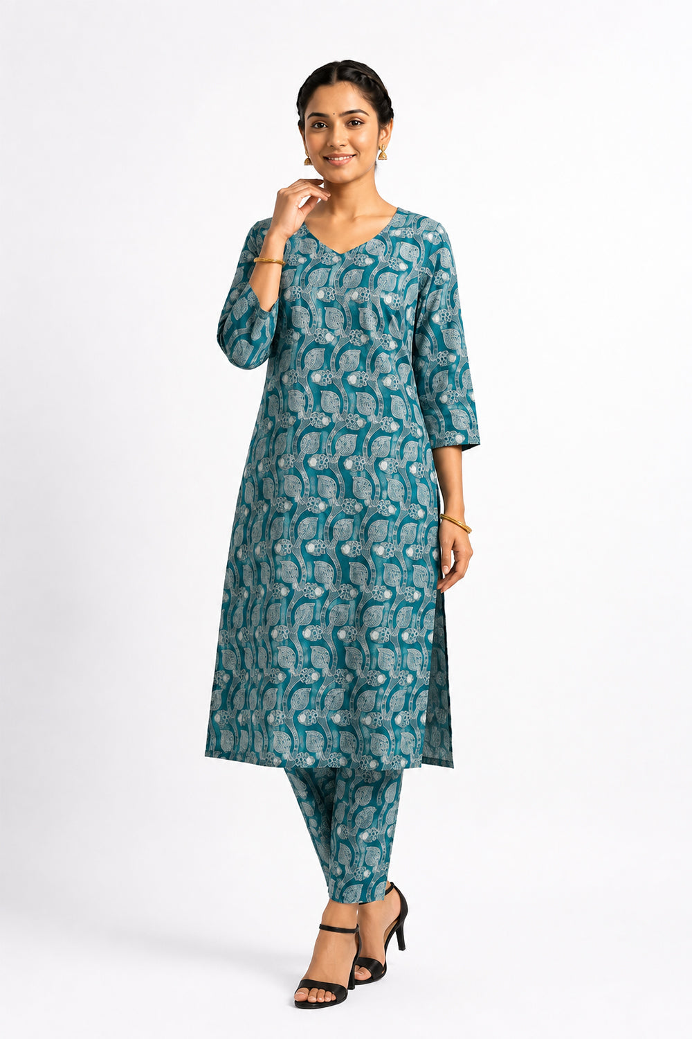 Women’s Cotton Blend Printed Kurti Set | V-Neck Below Knee Kurta Set with 3/4 Sleeves | Regular Fit Daily Office Casual Ethnic Wear for Women - 1910