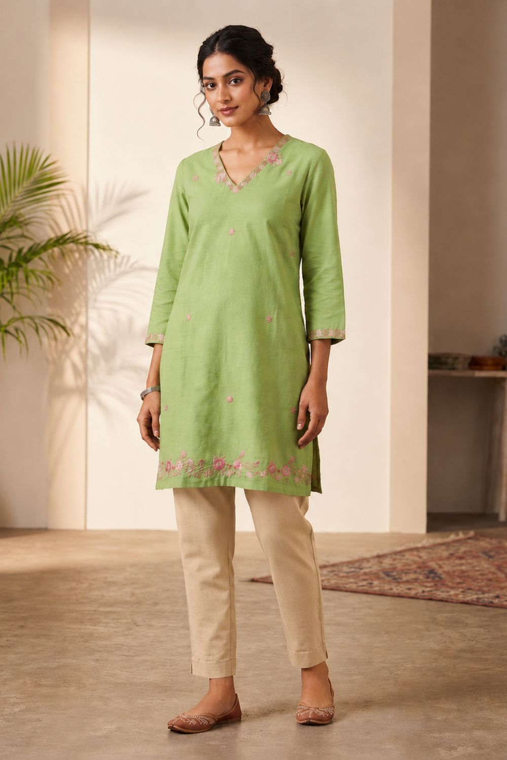 Women's Cotton Flax Embroidered Top | V-Neck 3/4 Sleeve Casual Top for Women | Regular Fit Everyday Office Wear Cotton Top - EX13