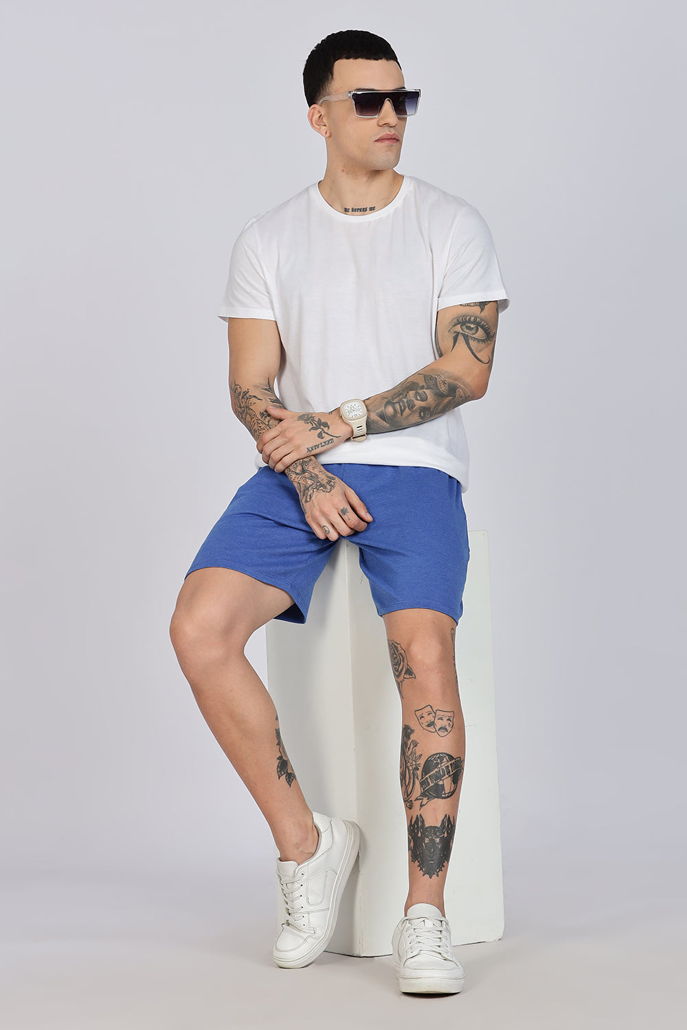 Enhance Men’s Cotton Blend Shorts | Comfortable Dailywear & Sleepwear with Pockets - Blue - SN01