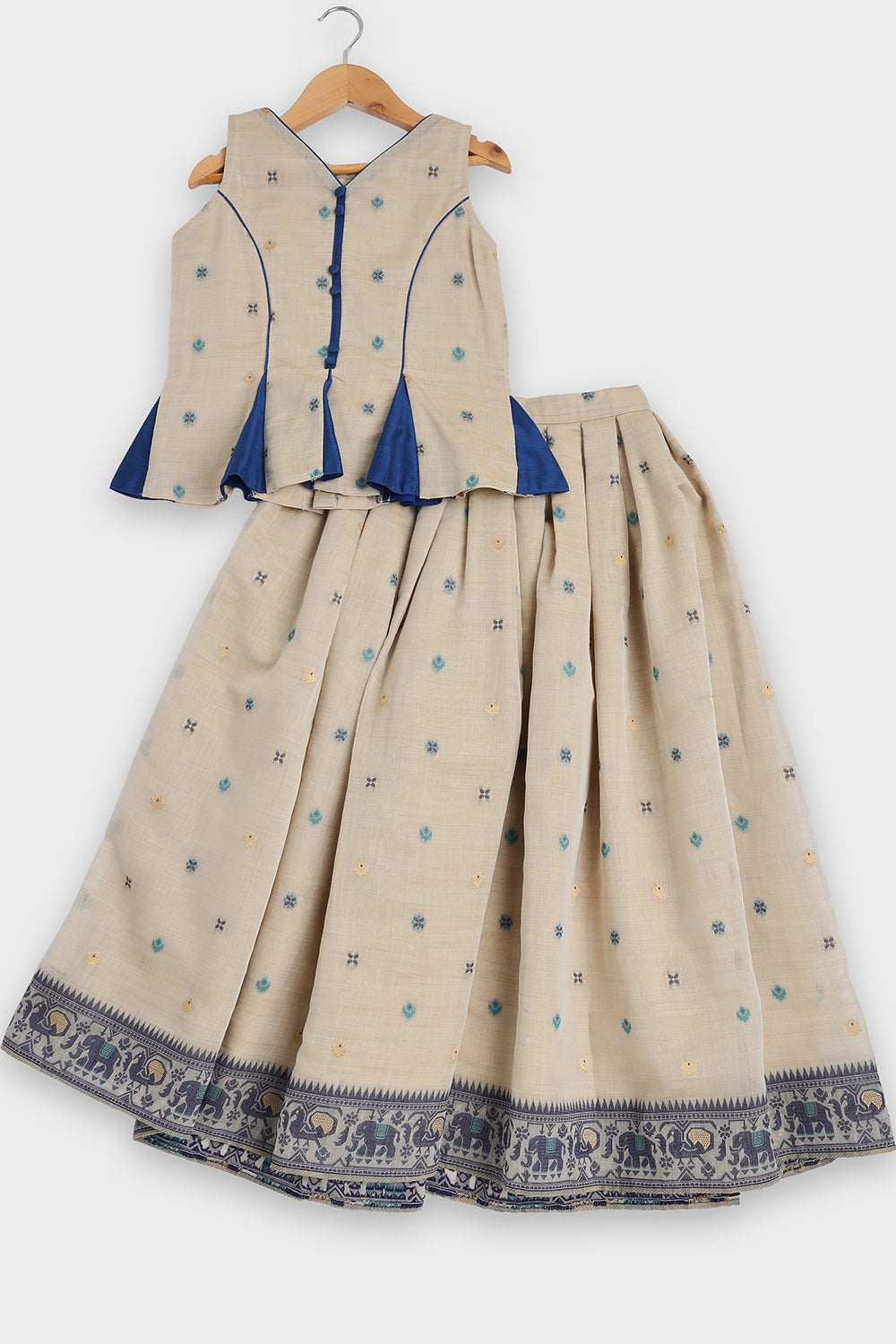 Chittythalli Girls Pavadai Set Traditional Wear | Chanderi Cotton Pavadai Set | Peplum Top with Contrast Piping & Gored Panels | Jamdhani Bordered Pleated Skirt | Woven Ethnic Dress for Girls - PS98