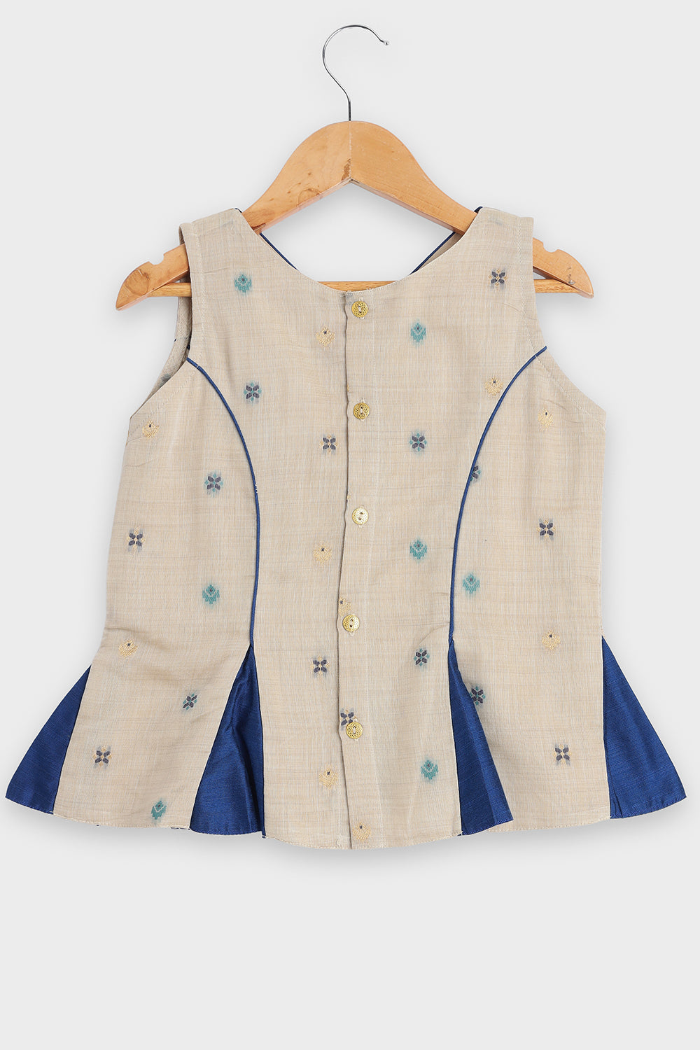 Chittythalli Girls Pavadai Set Traditional Wear | Chanderi Cotton Pavadai Set | Peplum Top with Contrast Piping & Gored Panels | Jamdhani Bordered Pleated Skirt | Woven Ethnic Dress for Girls - PS98