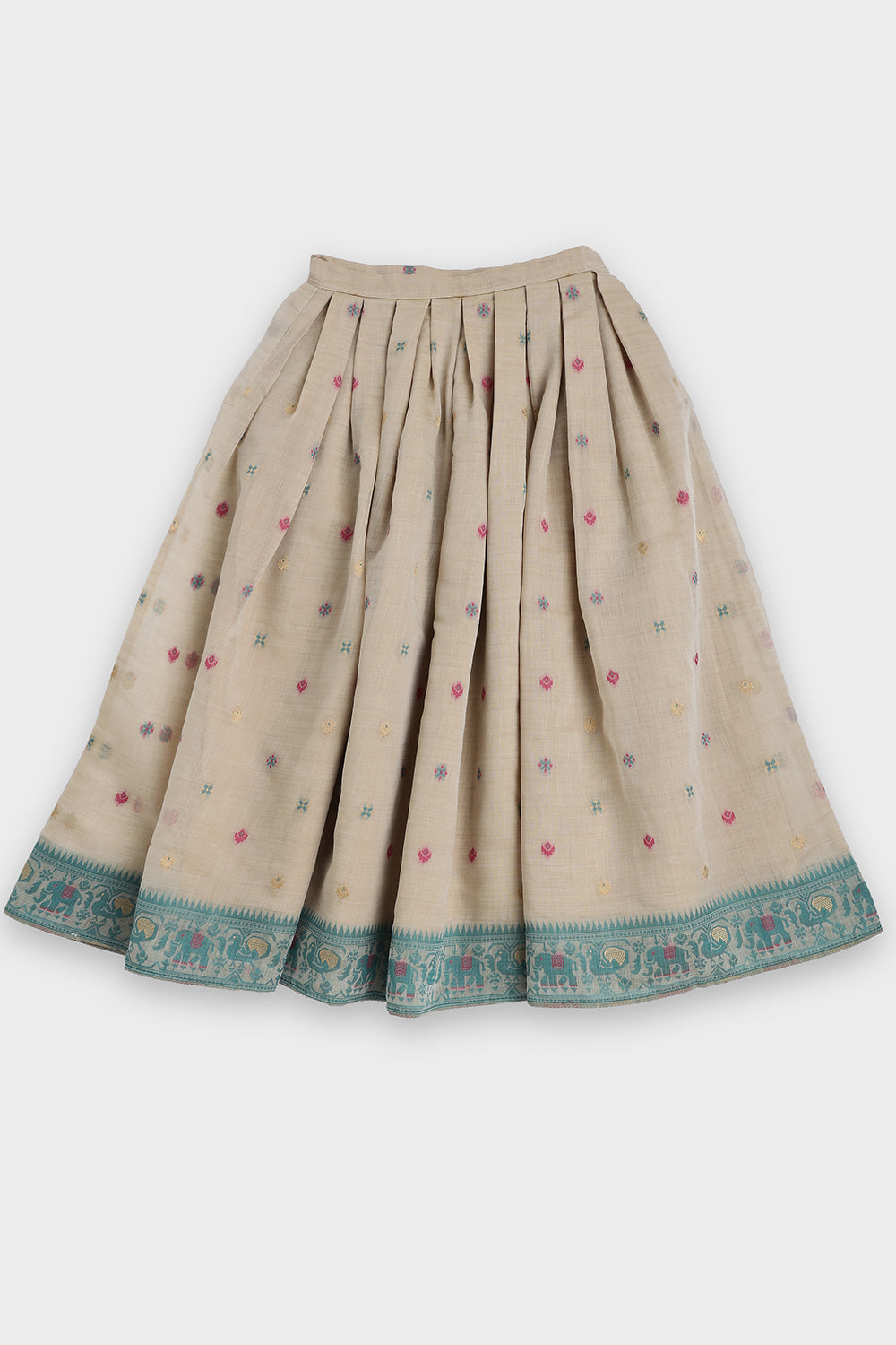 Chittythalli Girls Pavadai Set Traditional Wear | Chanderi Cotton Pavadai Set | Peplum Top with Contrast Piping & Gored Panels | Jamdhani Bordered Pleated Skirt | Woven Ethnic Dress for Girls - PS98