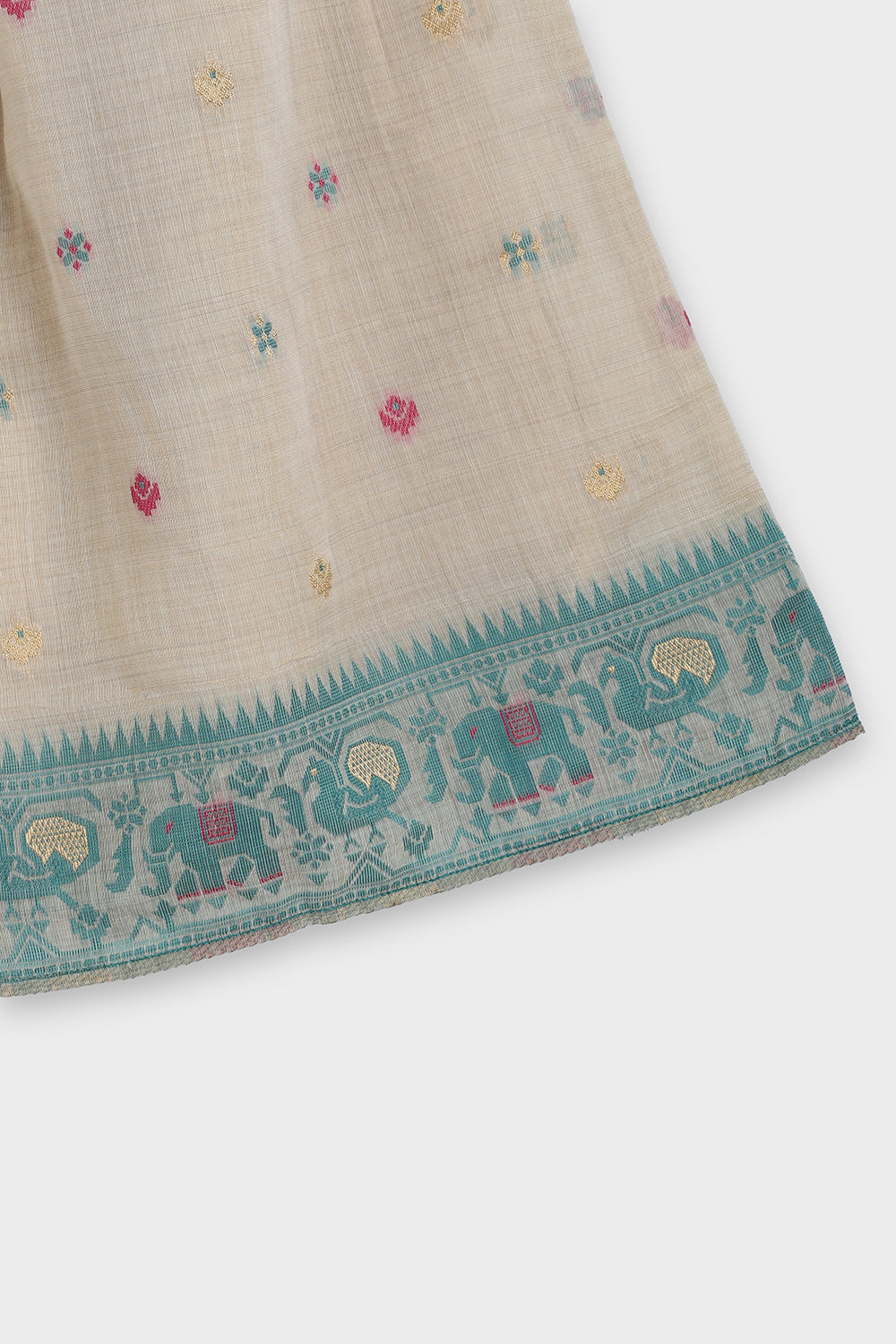 Chittythalli Girls Pavadai Set Traditional Wear | Chanderi Cotton Pavadai Set | Peplum Top with Contrast Piping & Gored Panels | Jamdhani Bordered Pleated Skirt | Woven Ethnic Dress for Girls - PS98