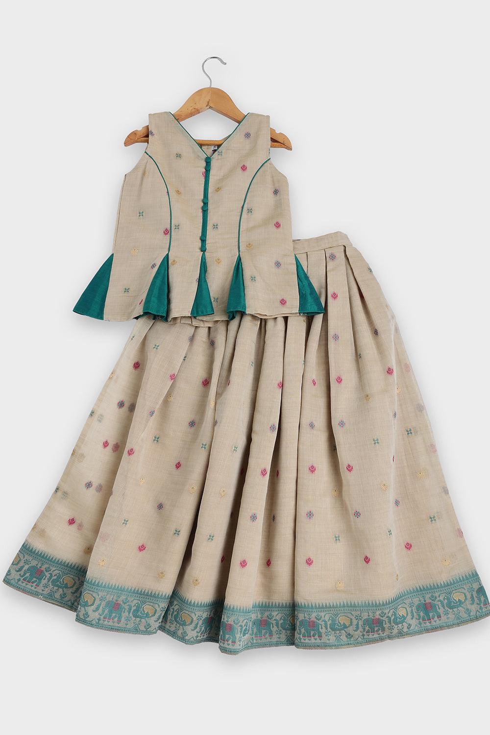 Chittythalli Girls Pavadai Set Traditional Wear | Chanderi Cotton Pavadai Set | Peplum Top with Contrast Piping & Gored Panels | Jamdhani Bordered Pleated Skirt | Woven Ethnic Dress for Girls - PS98