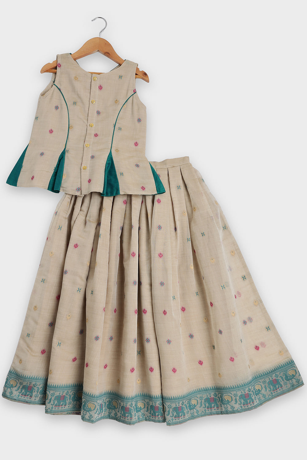 Chittythalli Girls Pavadai Set Traditional Wear | Chanderi Cotton Pavadai Set | Peplum Top with Contrast Piping & Gored Panels | Jamdhani Bordered Pleated Skirt | Woven Ethnic Dress for Girls - PS98