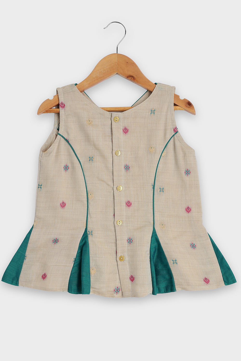 Chittythalli Girls Pavadai Set Traditional Wear | Chanderi Cotton Pavadai Set | Peplum Top with Contrast Piping & Gored Panels | Jamdhani Bordered Pleated Skirt | Woven Ethnic Dress for Girls - PS98