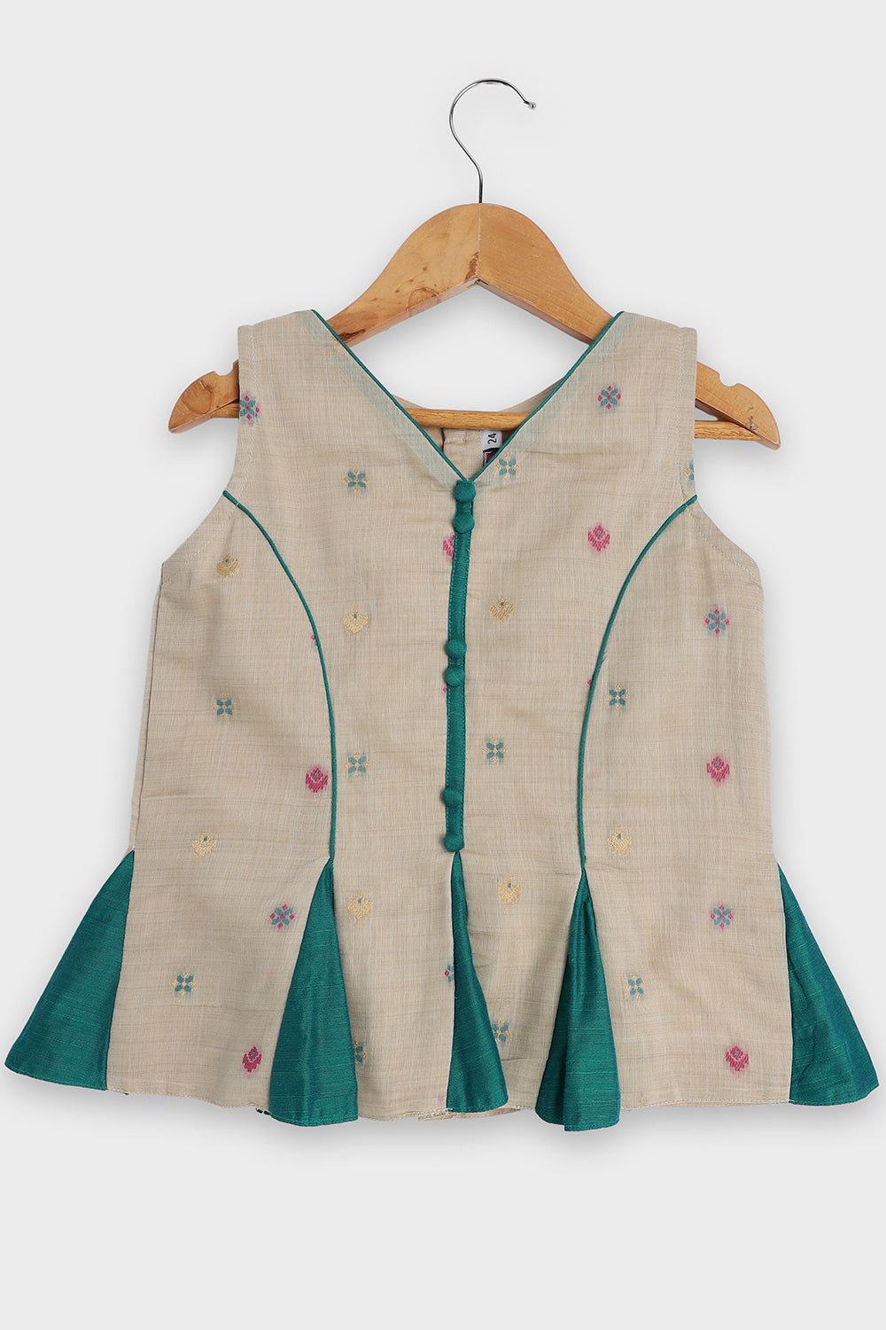 Chittythalli Girls Pavadai Set Traditional Wear | Chanderi Cotton Pavadai Set | Peplum Top with Contrast Piping & Gored Panels | Jamdhani Bordered Pleated Skirt | Woven Ethnic Dress for Girls - PS98