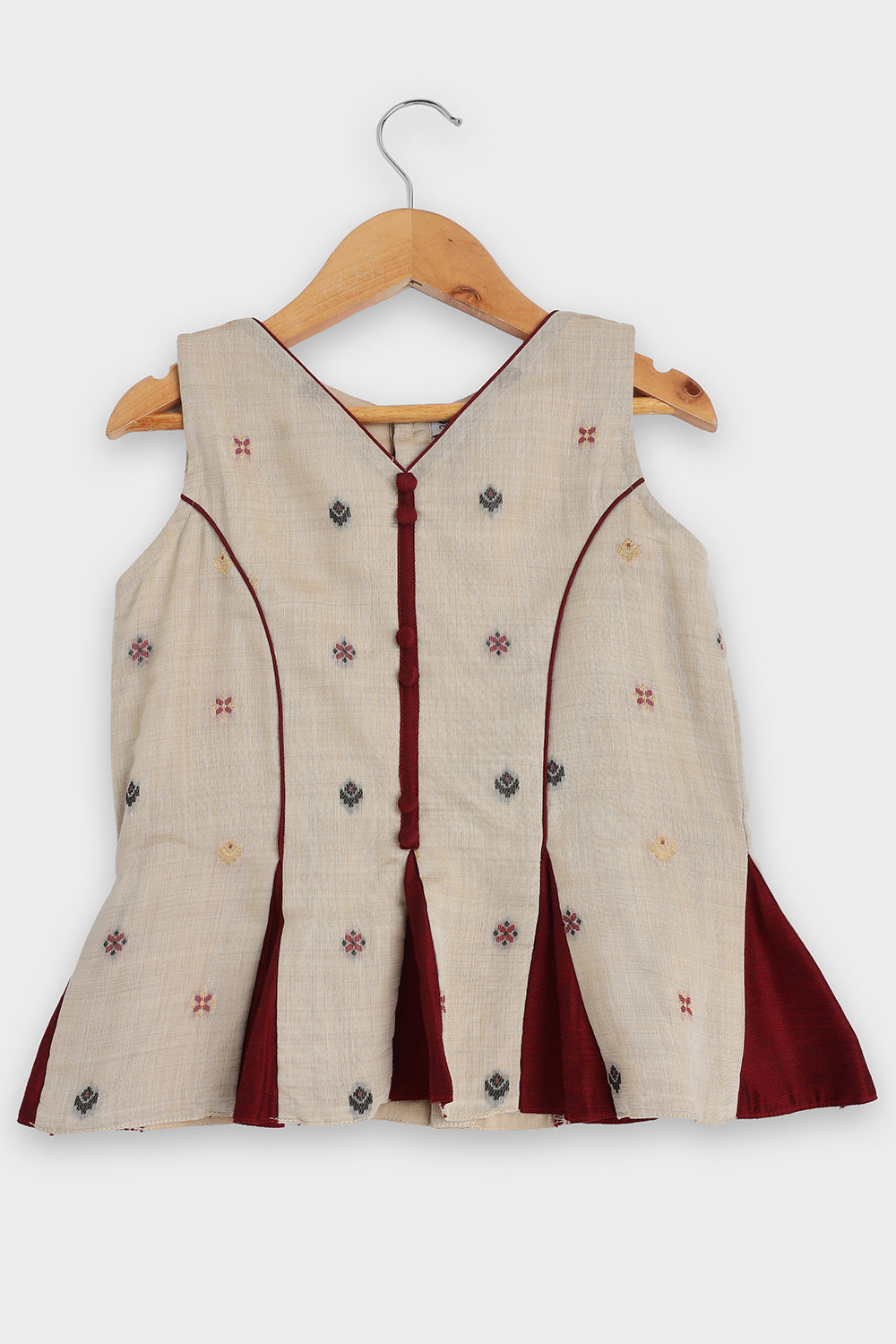 Chittythalli Girls Pavadai Set Traditional Wear | Chanderi Cotton Pavadai Set | Peplum Top with Contrast Piping & Gored Panels | Jamdhani Bordered Pleated Skirt | Woven Ethnic Dress for Girls - PS98