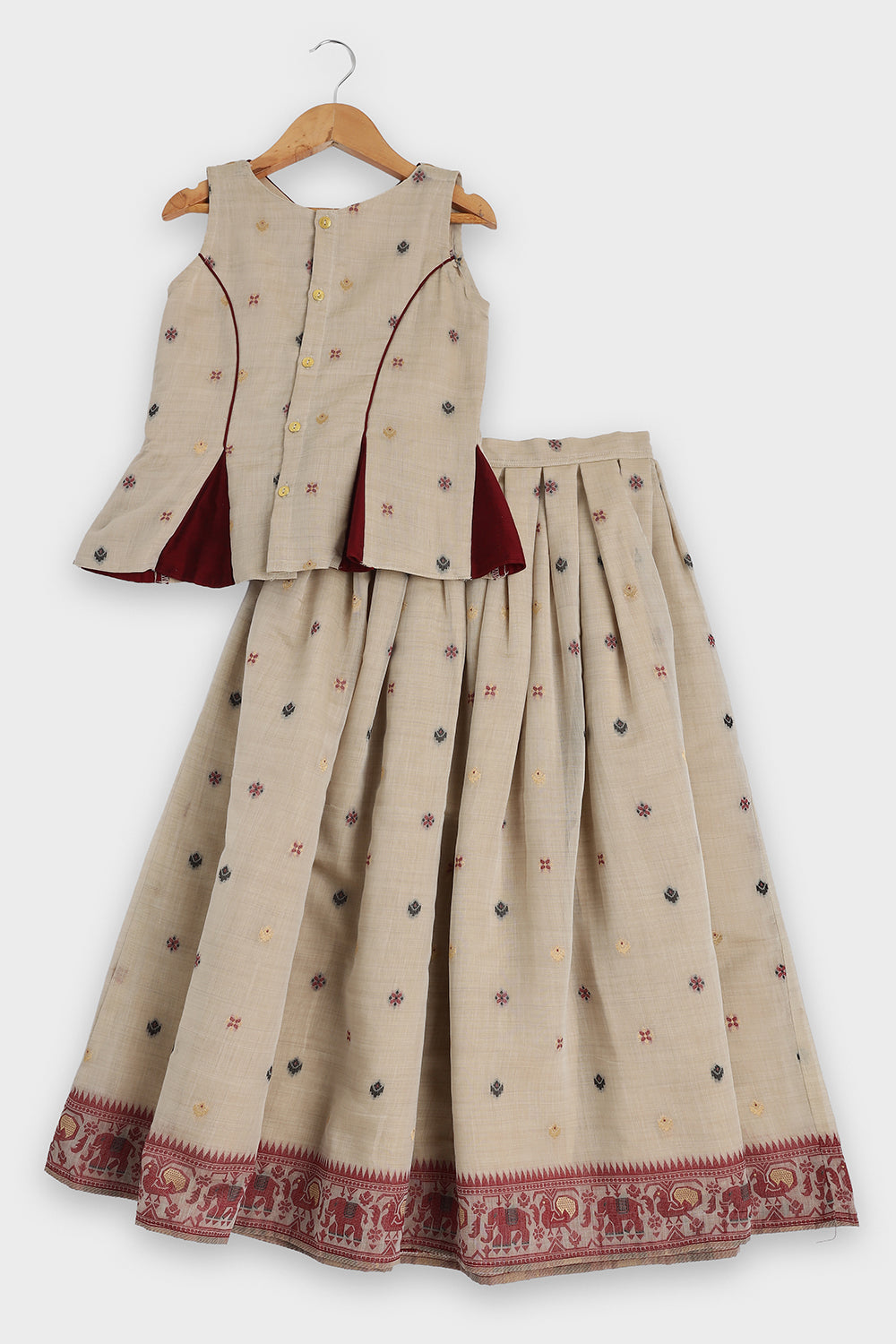 Chittythalli Girls Pavadai Set Traditional Wear | Chanderi Cotton Pavadai Set | Peplum Top with Contrast Piping & Gored Panels | Jamdhani Bordered Pleated Skirt | Woven Ethnic Dress for Girls - PS98