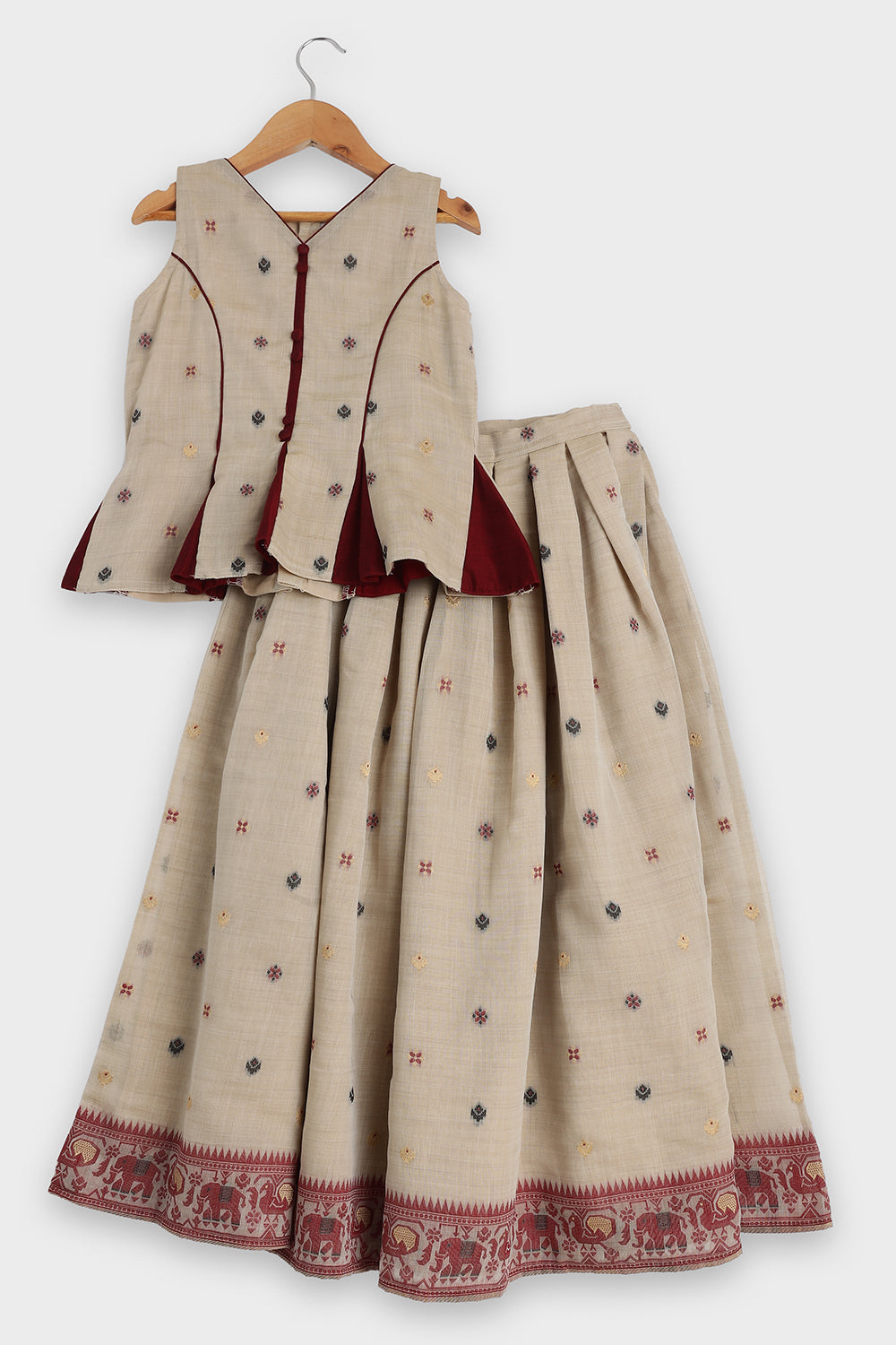 Chittythalli Girls Pavadai Set Traditional Wear | Chanderi Cotton Pavadai Set | Peplum Top with Contrast Piping & Gored Panels | Jamdhani Bordered Pleated Skirt | Woven Ethnic Dress for Girls - PS98