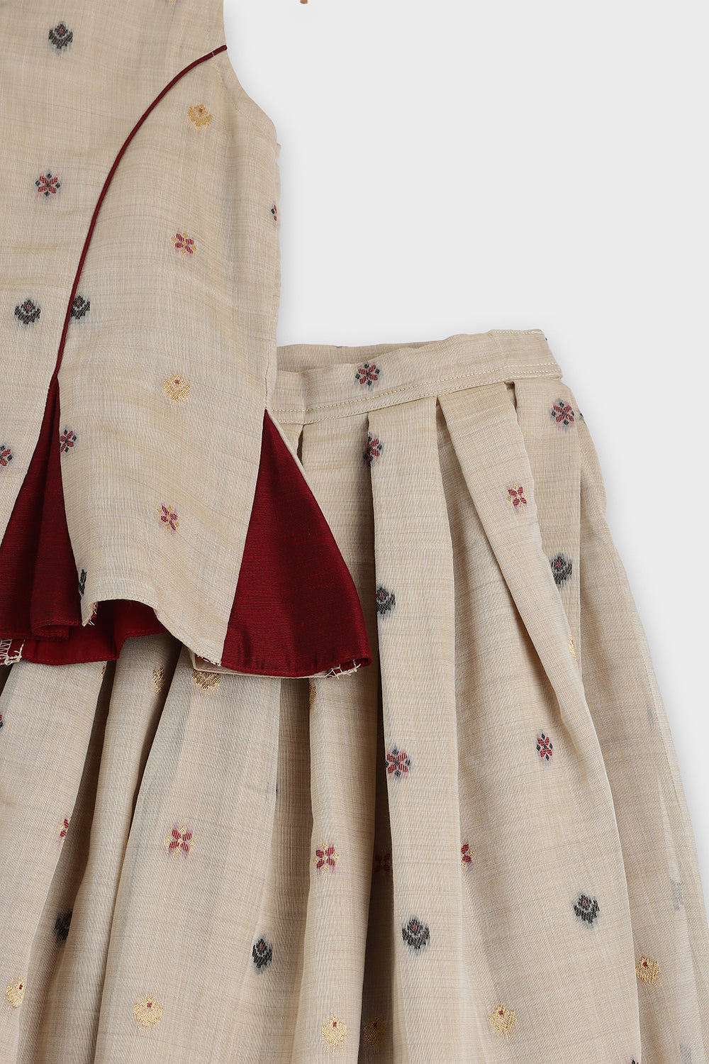 Chittythalli Girls Pavadai Set Traditional Wear | Chanderi Cotton Pavadai Set | Peplum Top with Contrast Piping & Gored Panels | Jamdhani Bordered Pleated Skirt | Woven Ethnic Dress for Girls - PS98