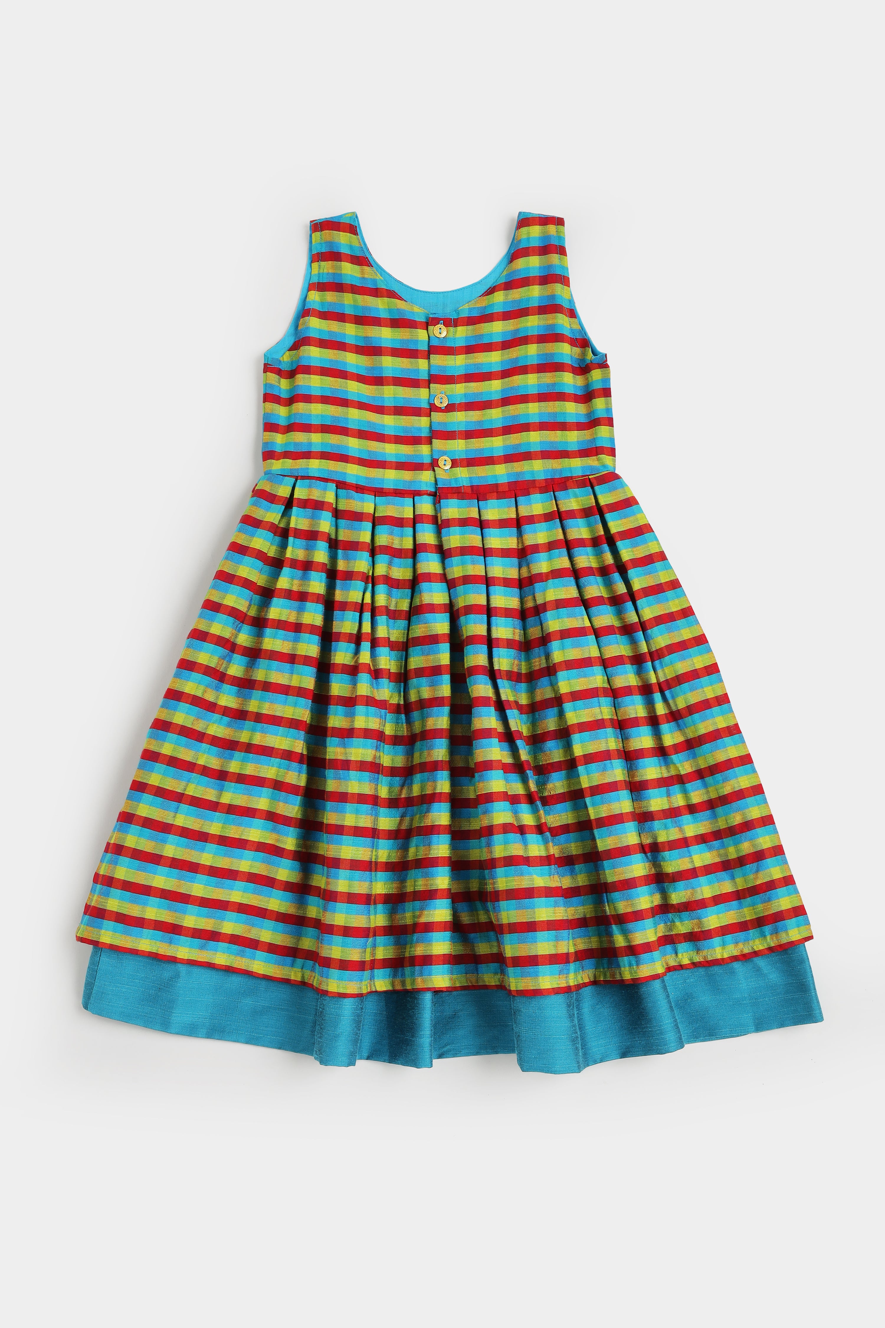 Chittythalli Girls Cotton Slub Mini Checked Layered Frock – Traditional Ethnic Wear Dress for Toddlers | Regular Fit | Circular Neck | Back Button Opening | Summer Casual Dress - FR52