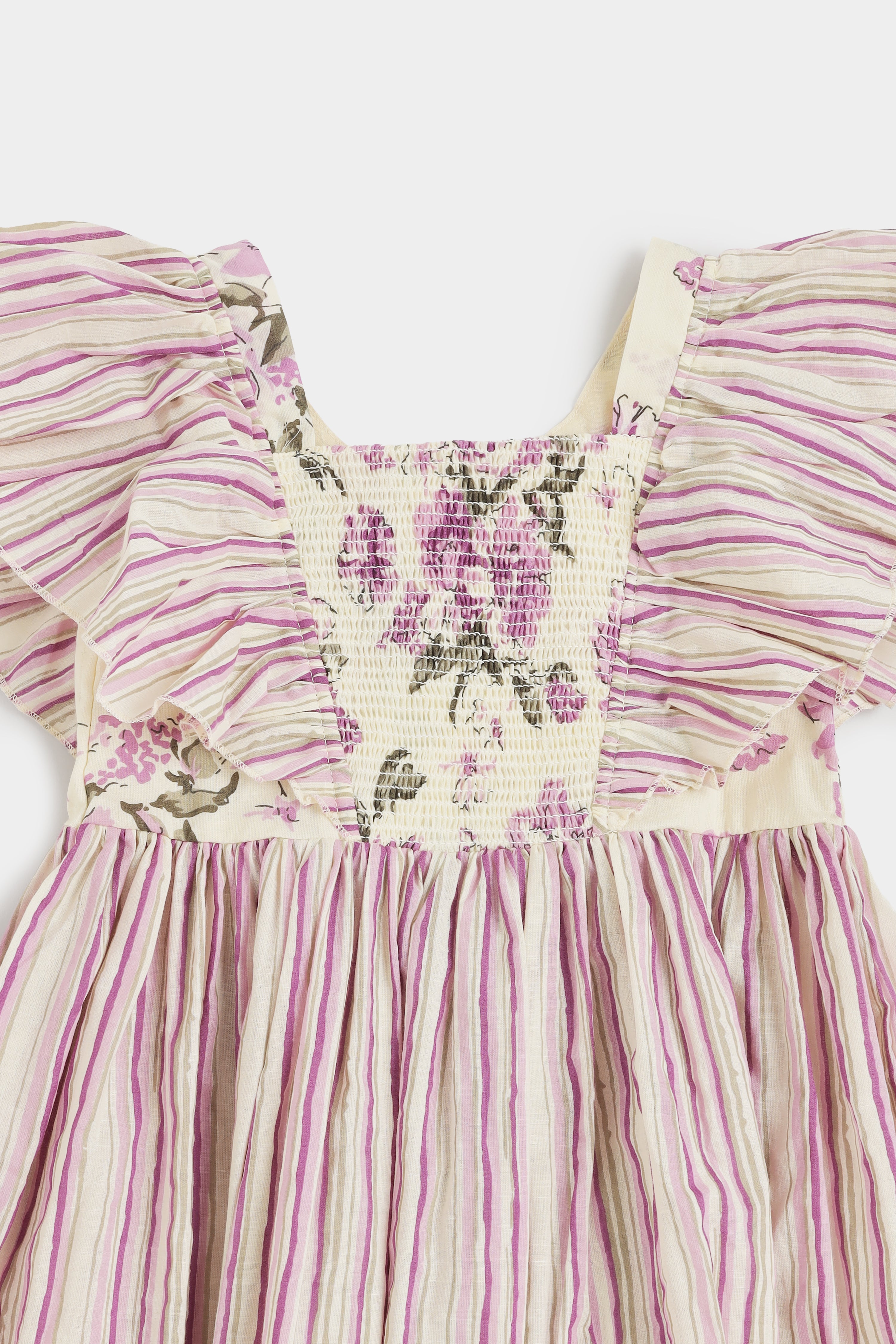 Chittythalli Girls Cotton Ethnic Frock | Jaipur Printed Summer Dress with Front & Sleeve Ruffle and Smocking Back - FR45