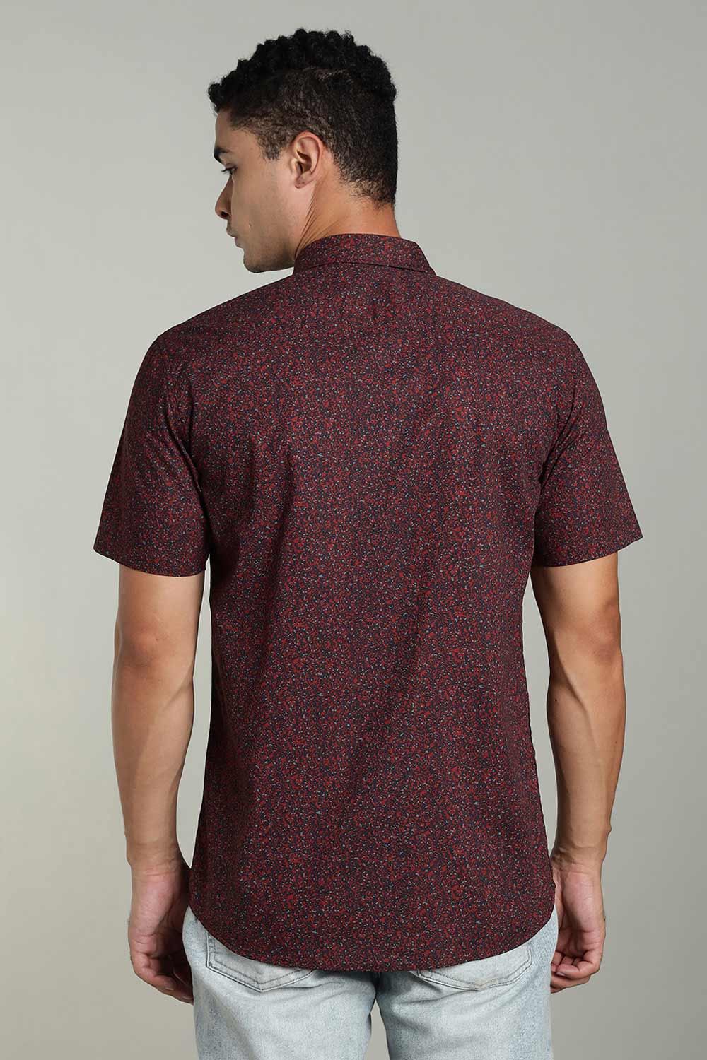Enhance Mens Printed Casual Shirt Standard Collar Half Sleeve V Pocket - Red - SA19