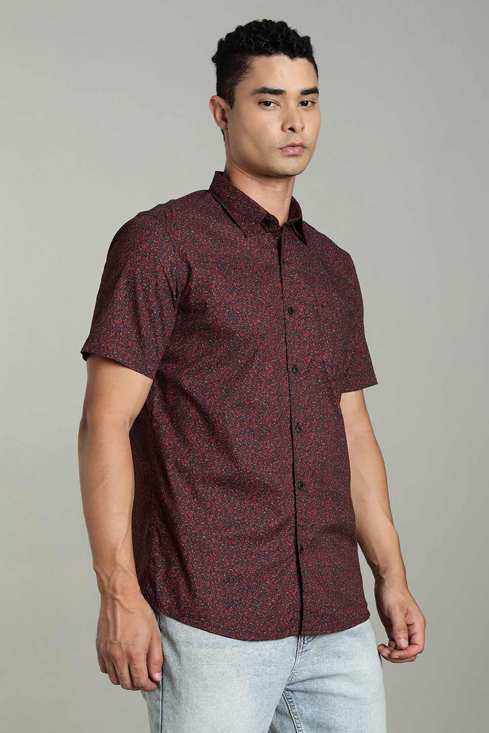Enhance Mens Printed Casual Shirt Standard Collar Half Sleeve V Pocket - Red - SA19