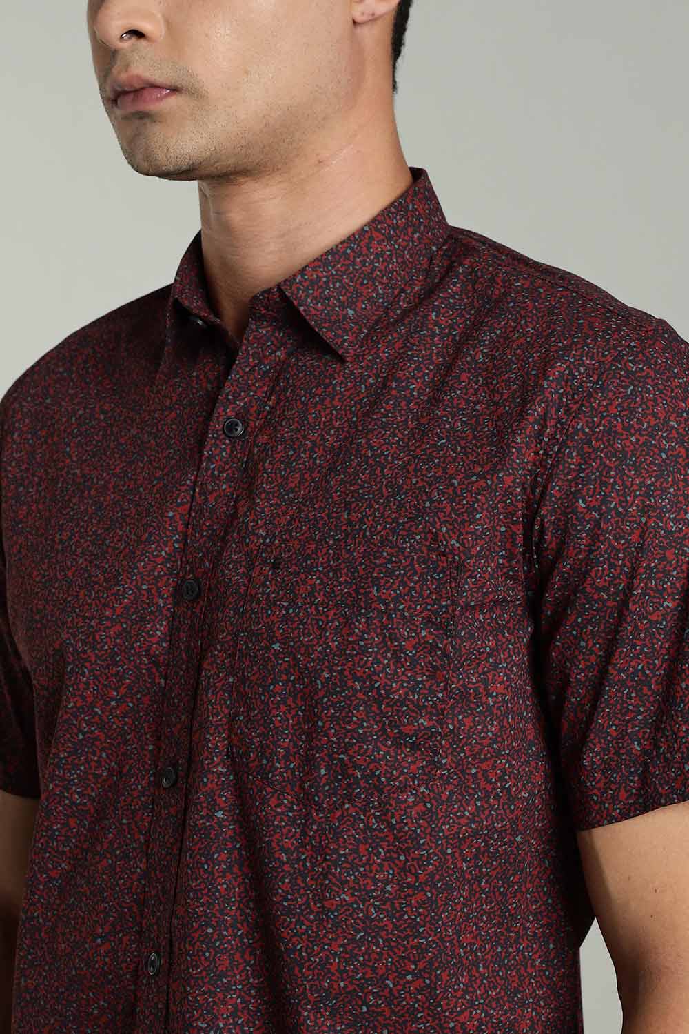 Enhance Mens Printed Casual Shirt Standard Collar Half Sleeve V Pocket - Red - SA19