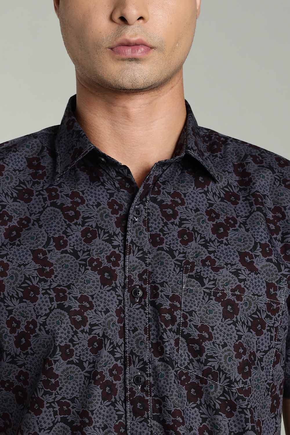 Enhance Mens Printed Casual Shirt Standard Collar Half Sleeve V Pocket - Black - SA18