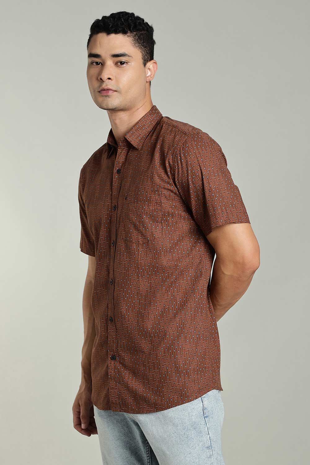 Enhance Mens Printed Casual Shirt Standard Collar Half Sleeve V Pocket - Brown - SA17