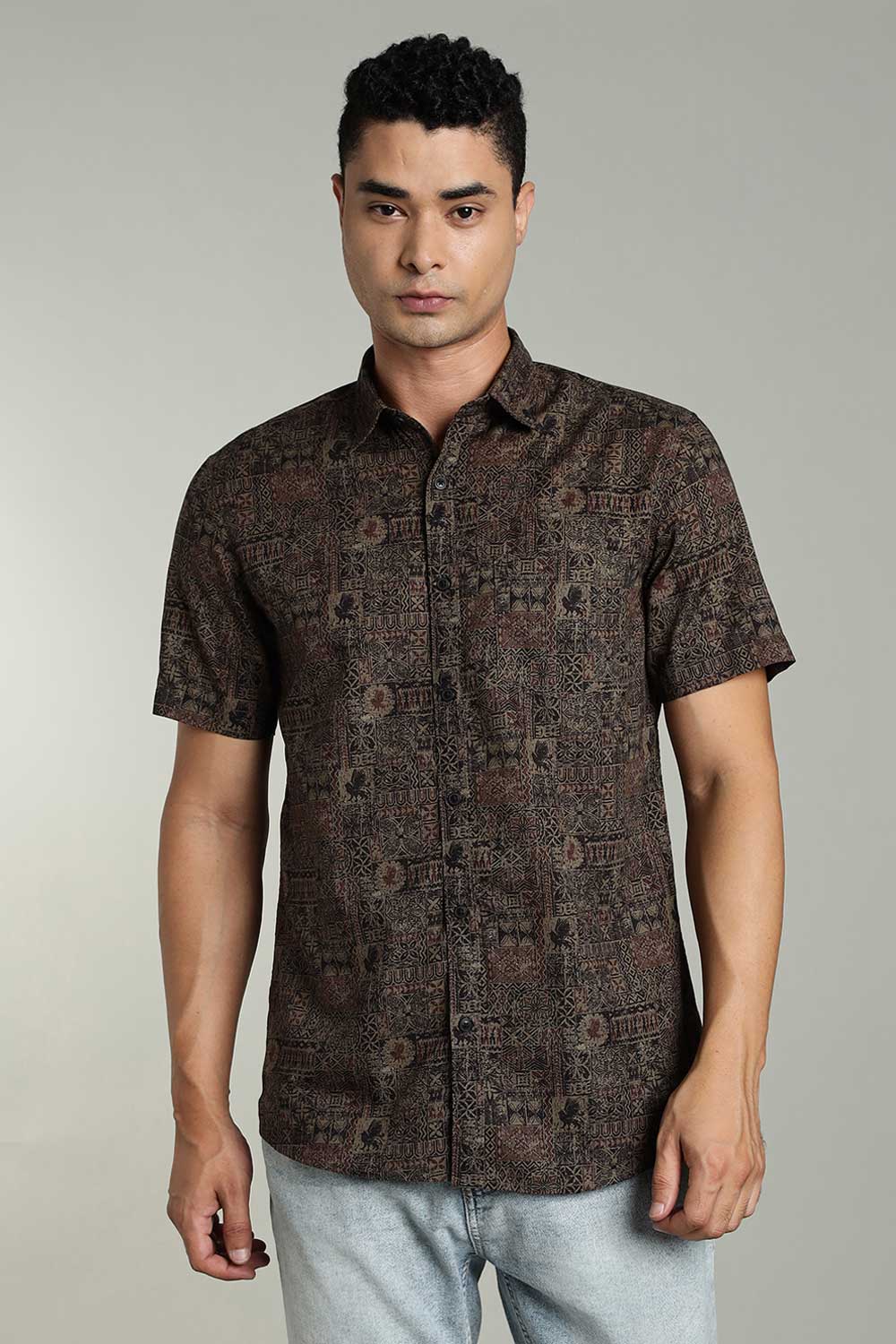 Enhance Mens Printed Casual Shirt Standard Collar Half Sleeve V Pocket - Black - SA20