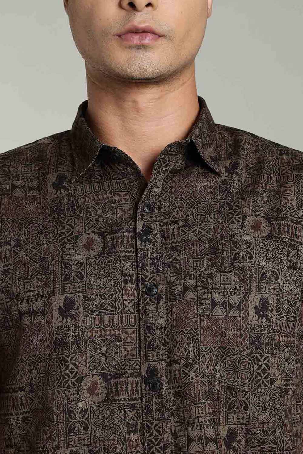 Enhance Mens Printed Casual Shirt Standard Collar Half Sleeve V Pocket - Black - SA20