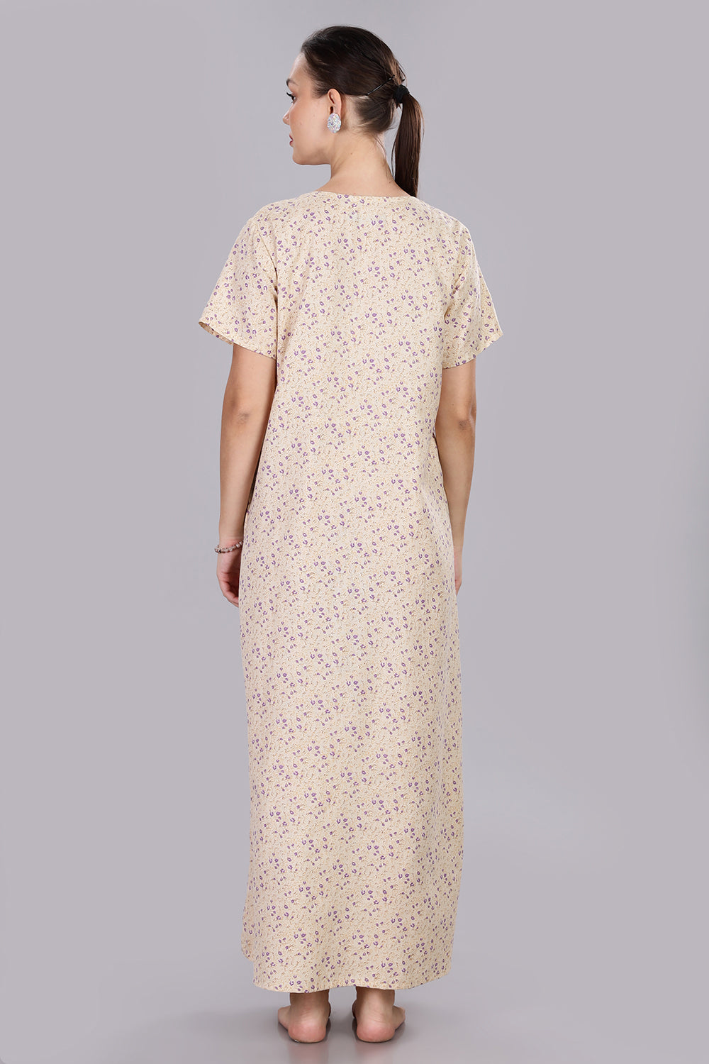 Naidu Hall Women's V-Neck A-Line Nighty with Front Button Placket and Pintuck Detailing - Beige - NT20