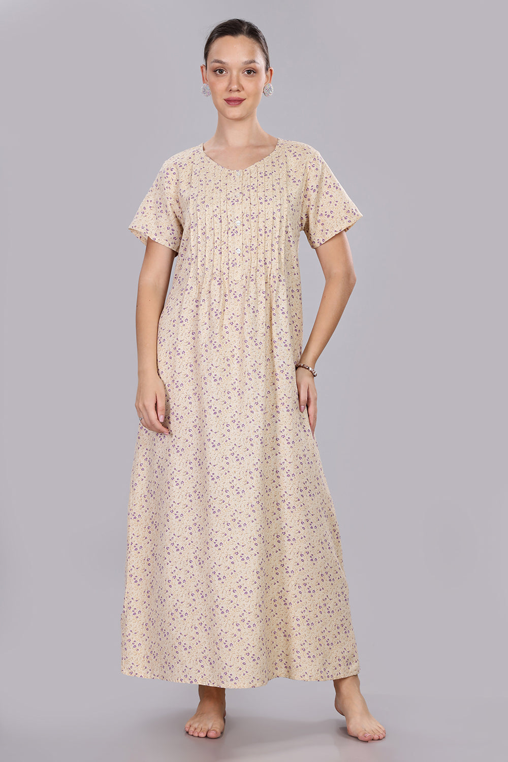 Naidu Hall Women's V-Neck A-Line Nighty with Front Button Placket and Pintuck Detailing - Beige - NT20