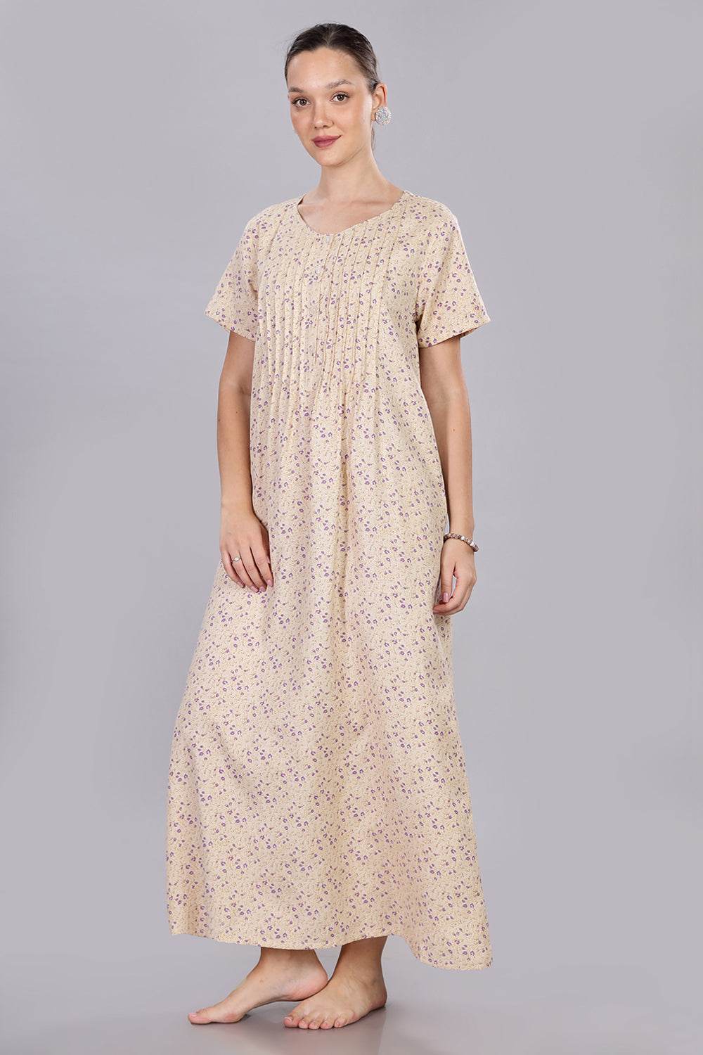 Naidu Hall Women's V-Neck A-Line Nighty with Front Button Placket and Pintuck Detailing - Beige - NT20 - Naidu Hall Family Store