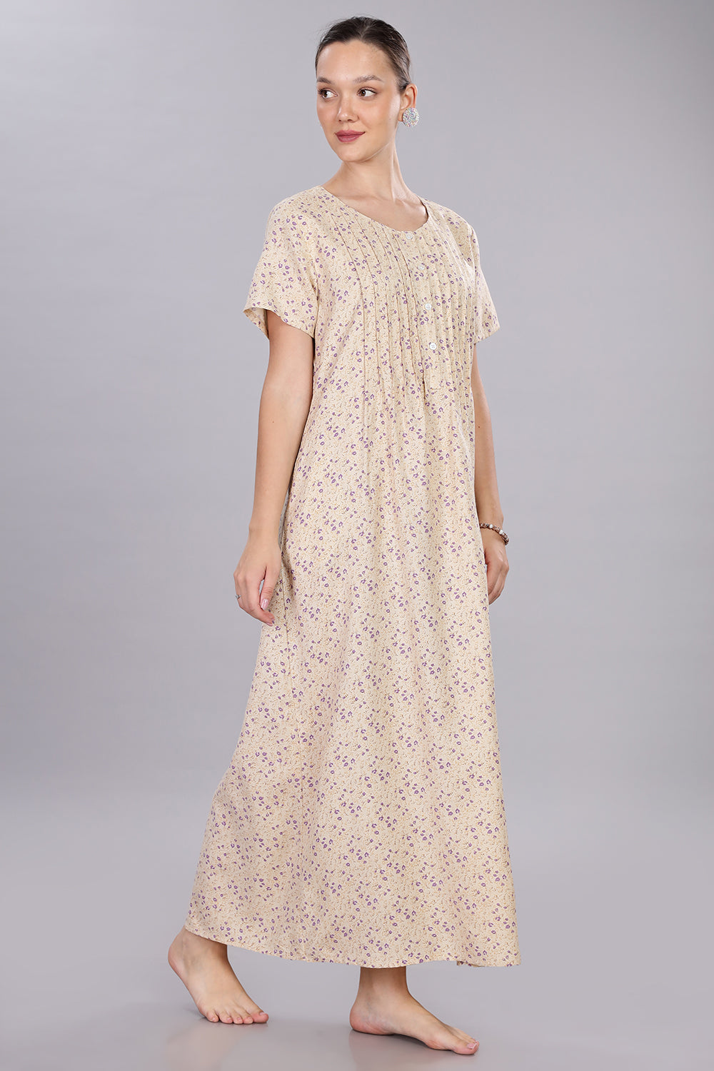 Naidu Hall Women's V-Neck A-Line Nighty with Front Button Placket and Pintuck Detailing - Beige - NT20
