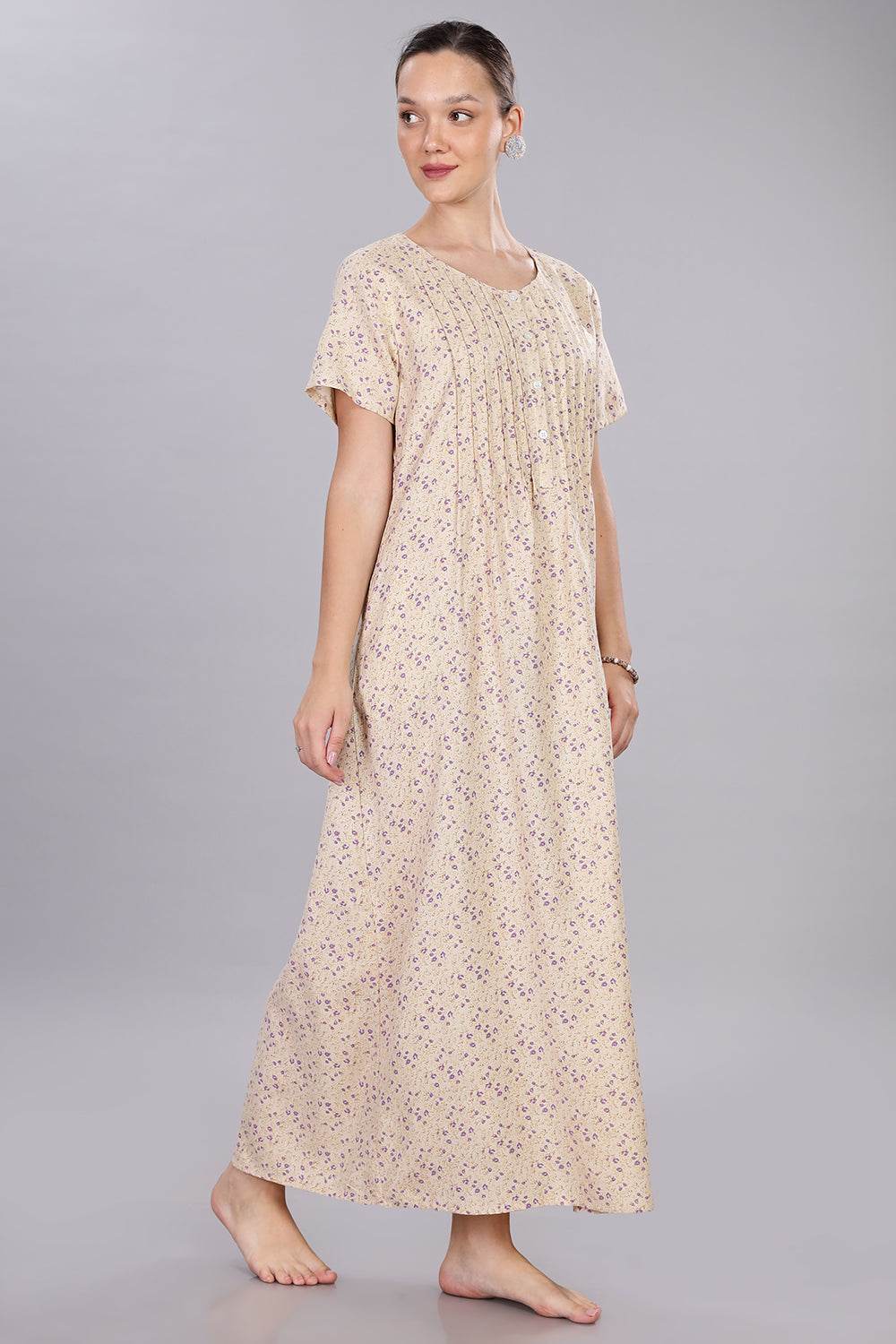 Naidu Hall Women's V-Neck A-Line Nighty with Front Button Placket and Pintuck Detailing - Beige - NT20 - Naidu Hall Family Store