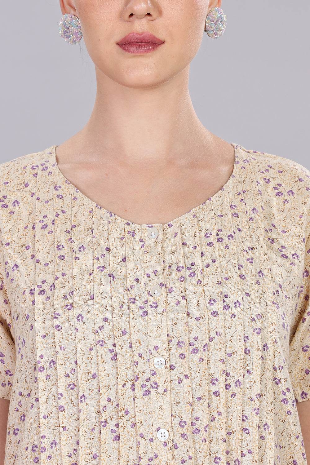 Naidu Hall Women's V-Neck A-Line Nighty with Front Button Placket and Pintuck Detailing - Beige - NT20 - Naidu Hall Family Store
