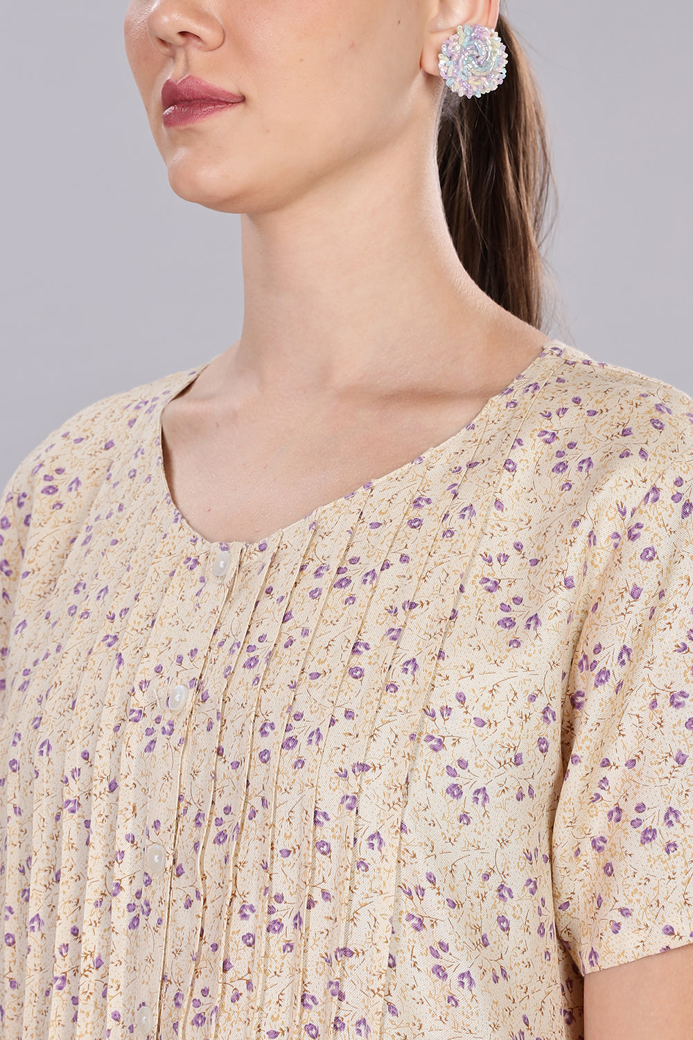 Naidu Hall Women's V-Neck A-Line Nighty with Front Button Placket and Pintuck Detailing - Beige - NT20
