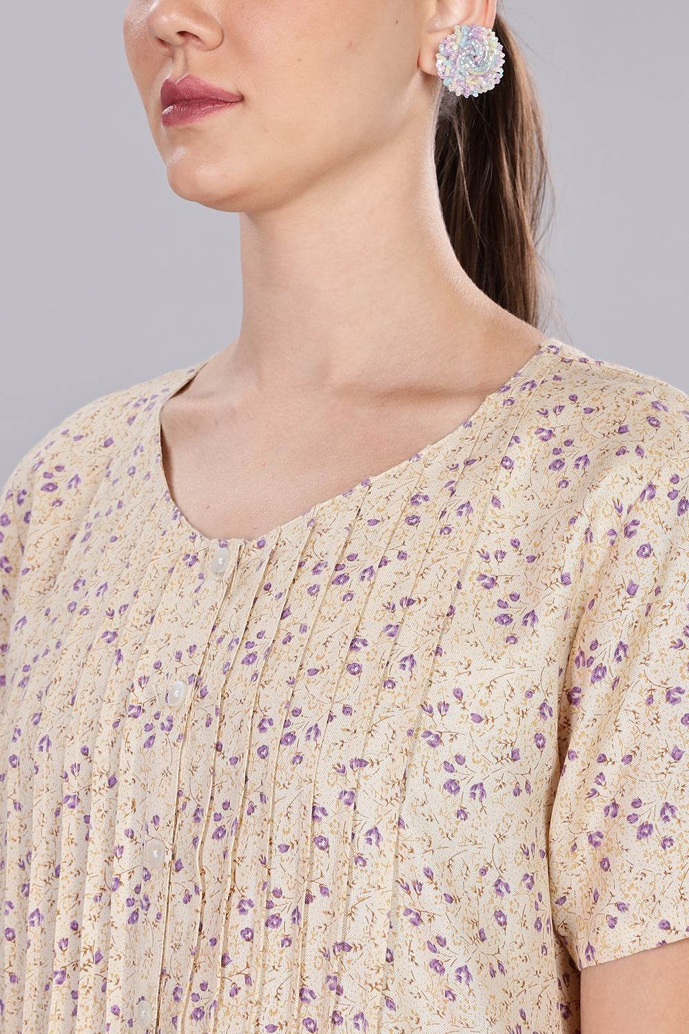 Naidu Hall Women's V-Neck A-Line Nighty with Front Button Placket and Pintuck Detailing - Beige - NT20 - Naidu Hall Family Store