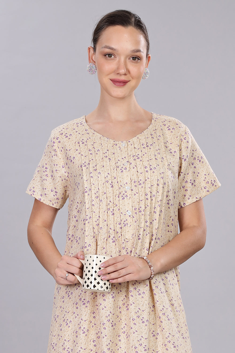 Naidu Hall Women's V-Neck A-Line Nighty with Front Button Placket and Pintuck Detailing - Beige - NT20