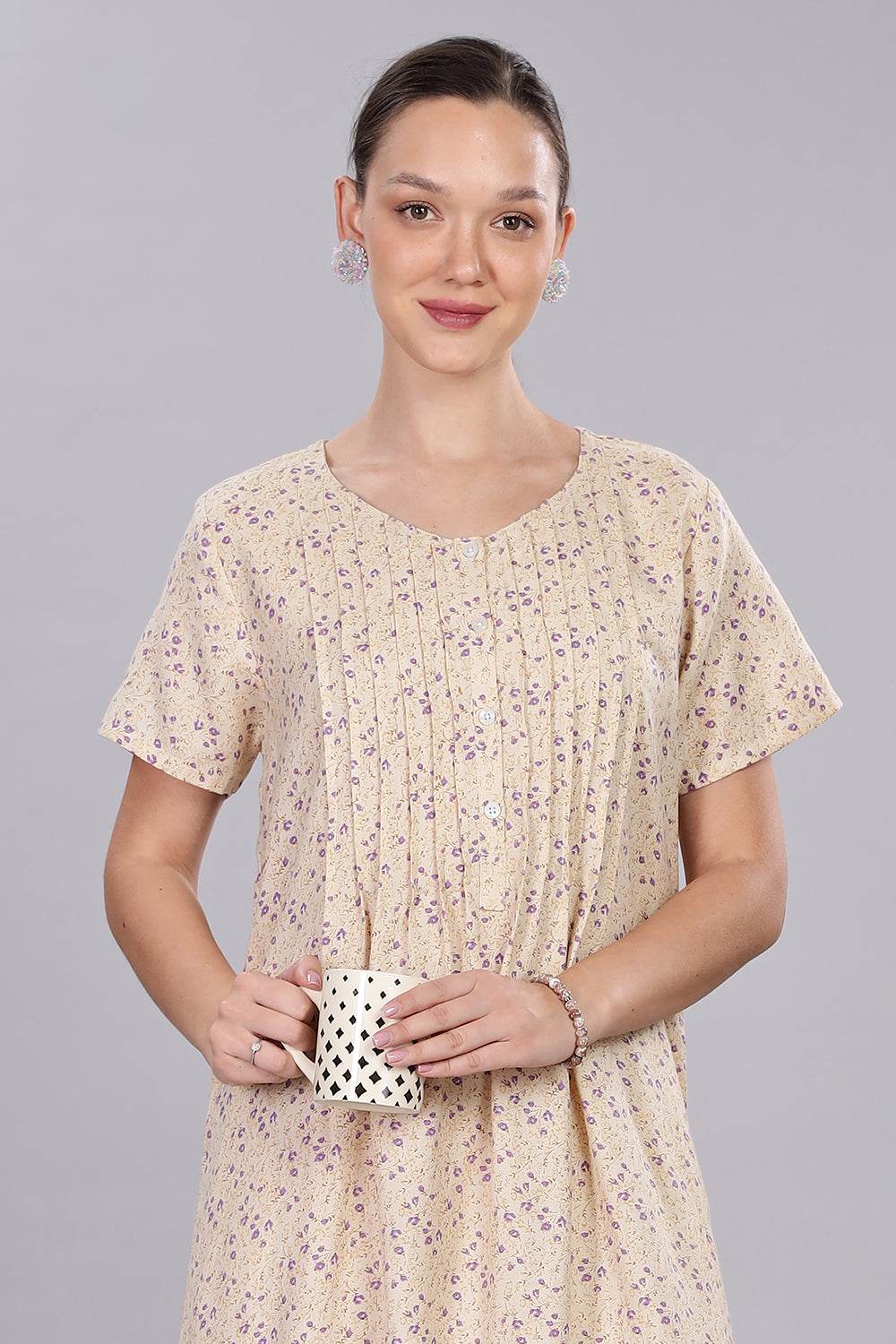 Naidu Hall Women's V-Neck A-Line Nighty with Front Button Placket and Pintuck Detailing - Beige - NT20 - Naidu Hall Family Store