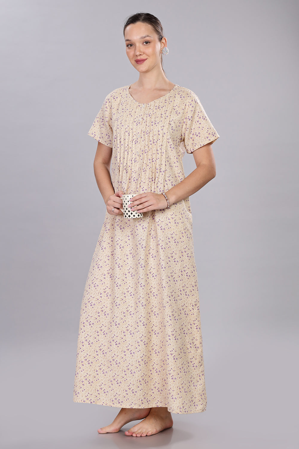 Naidu Hall Women's V-Neck A-Line Nighty with Front Button Placket and Pintuck Detailing - Beige - NT20
