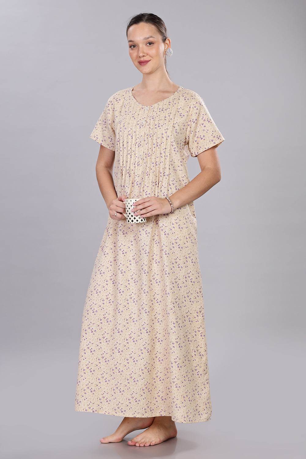 Naidu Hall Women's V-Neck A-Line Nighty with Front Button Placket and Pintuck Detailing - Beige - NT20 - Naidu Hall Family Store