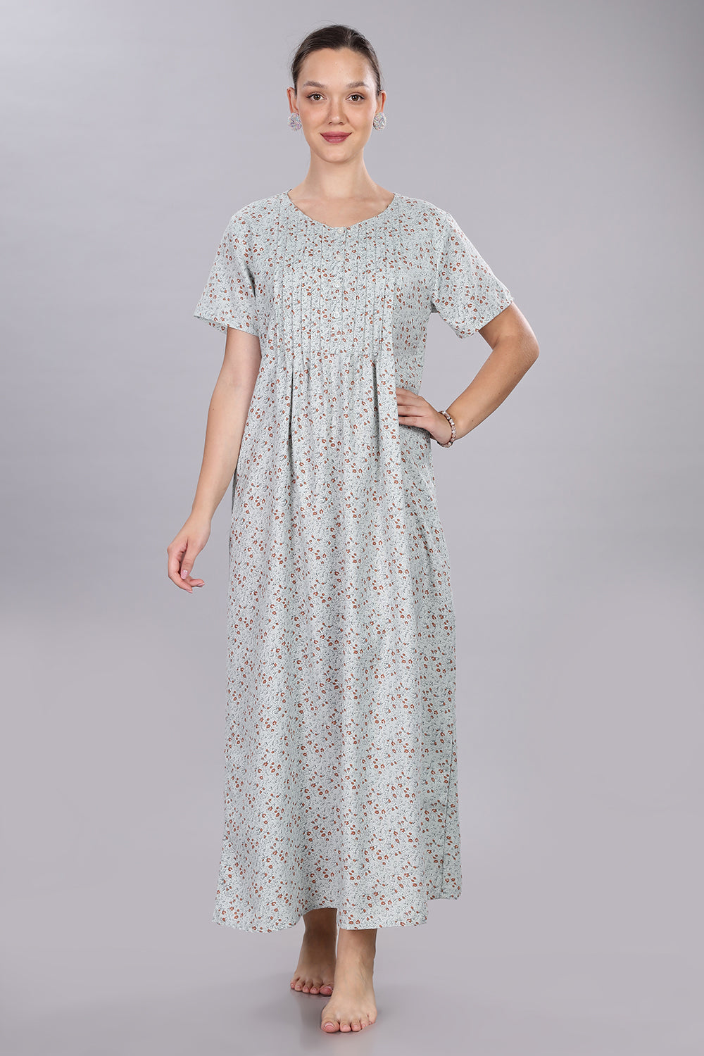 Naidu Hall Women's V-Neck A-Line Nighty with Front Button Placket and Pintuck Detailing - Light Blue - NT20