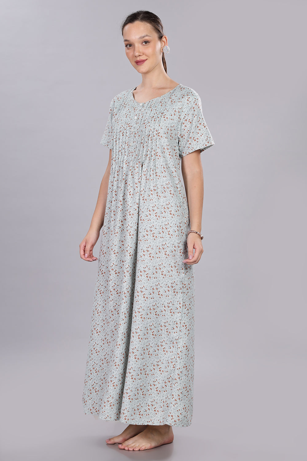 Naidu Hall Women's V-Neck A-Line Nighty with Front Button Placket and Pintuck Detailing - Light Blue - NT20