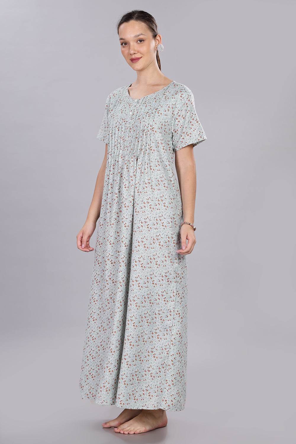 Naidu Hall Women's V-Neck A-Line Nighty with Front Button Placket and Pintuck Detailing - Light Blue - NT20 - Naidu Hall Family Store