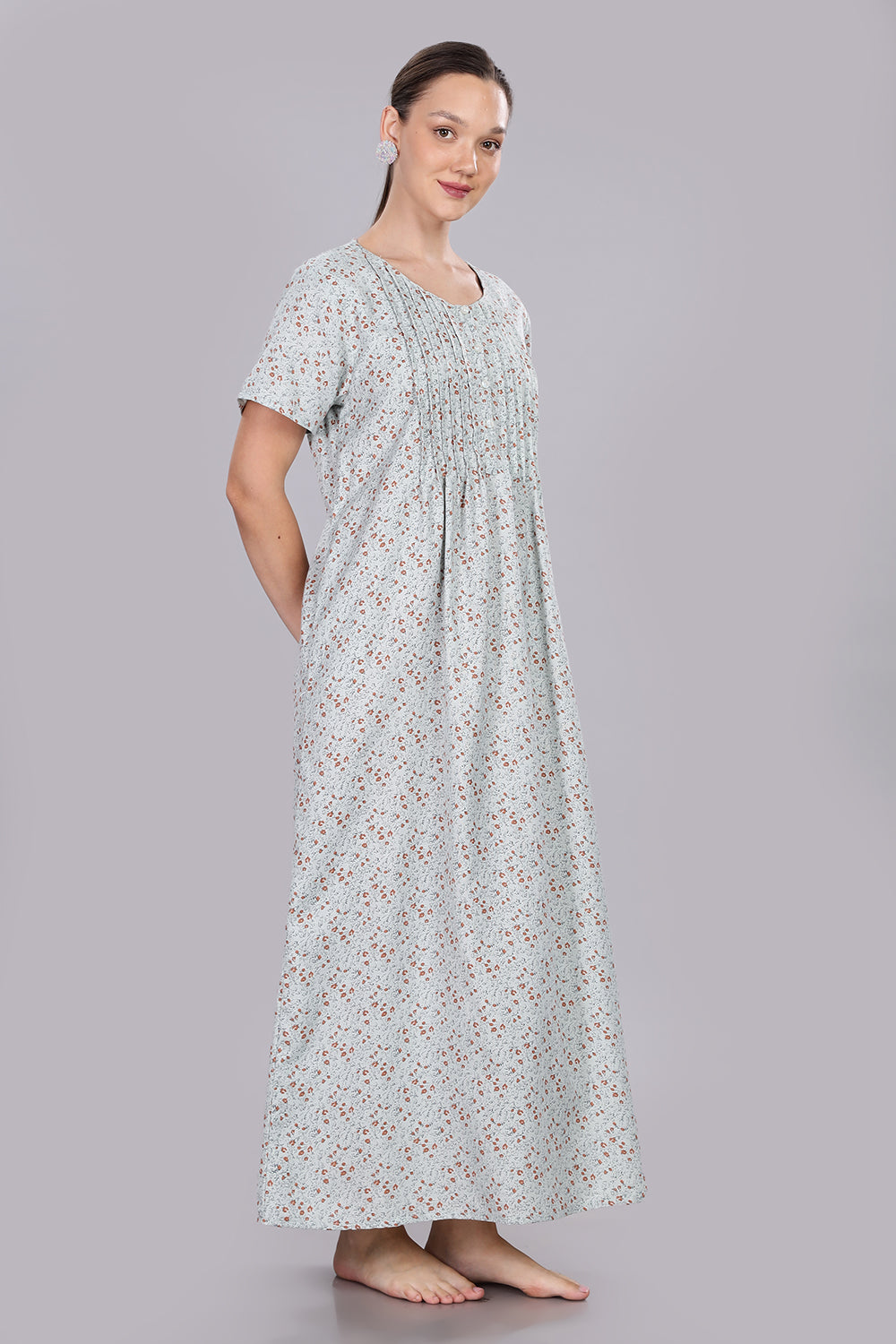 Naidu Hall Women's V-Neck A-Line Nighty with Front Button Placket and Pintuck Detailing - Light Blue - NT20
