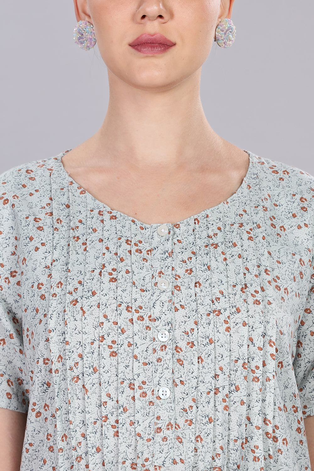 Naidu Hall Women's V-Neck A-Line Nighty with Front Button Placket and Pintuck Detailing - Light Blue - NT20