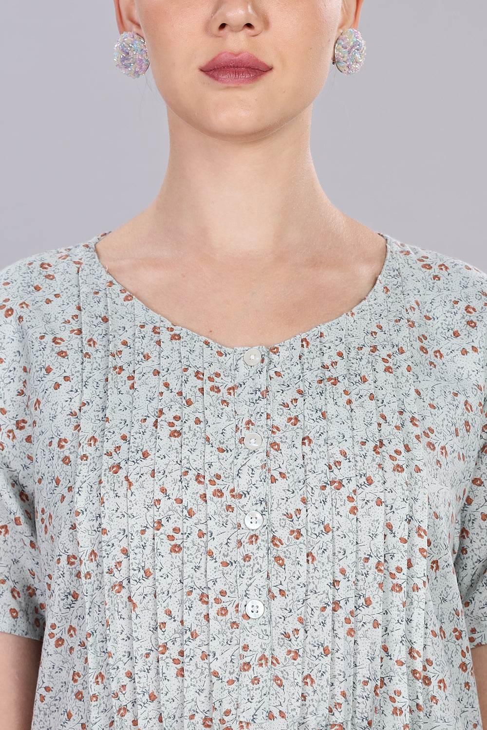 Naidu Hall Women's V-Neck A-Line Nighty with Front Button Placket and Pintuck Detailing - Light Blue - NT20 - Naidu Hall Family Store